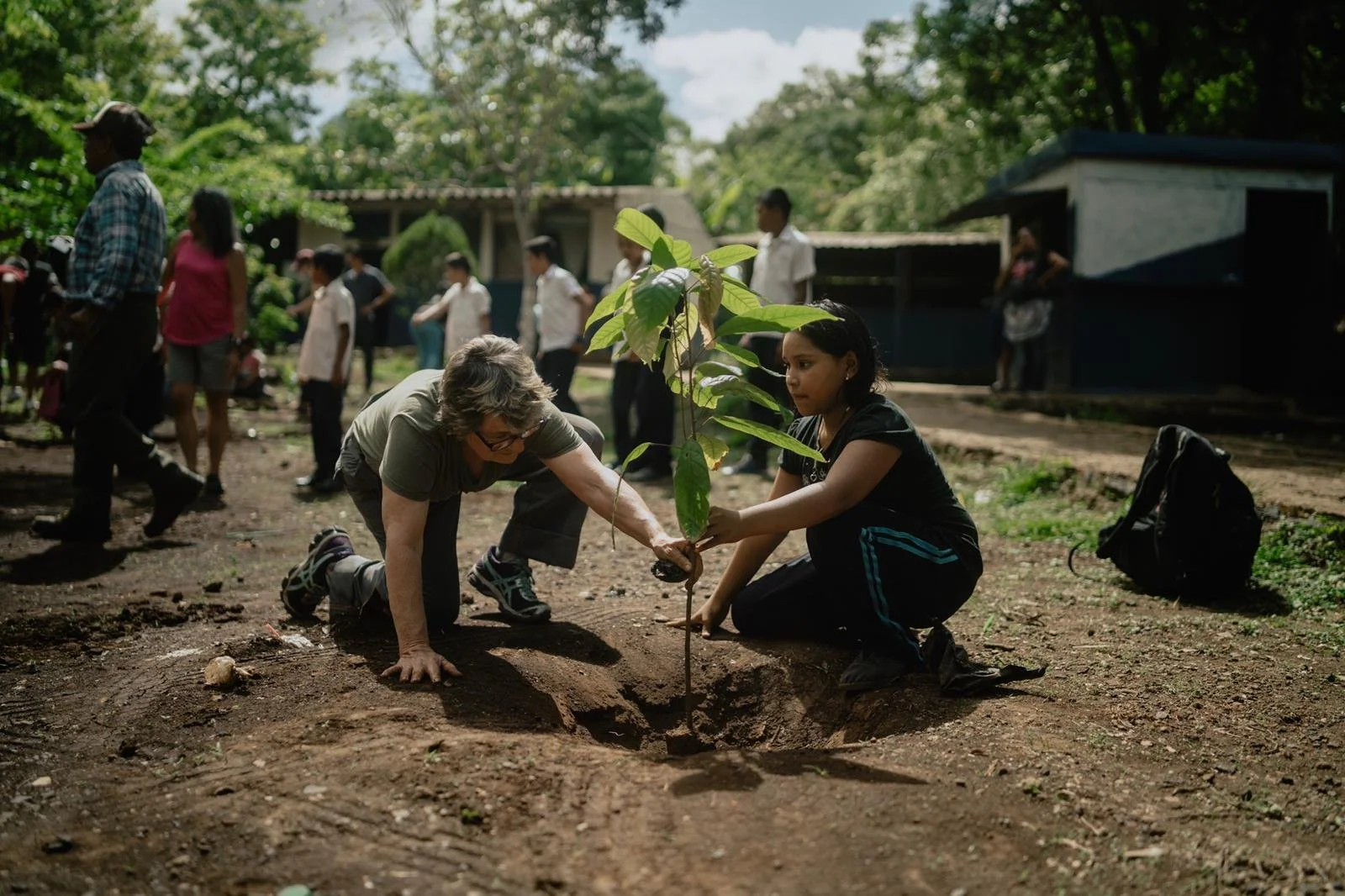 Two women planting a young tree in the soil outdoors while children and adults watch, in a community area with trees and houses in the background.