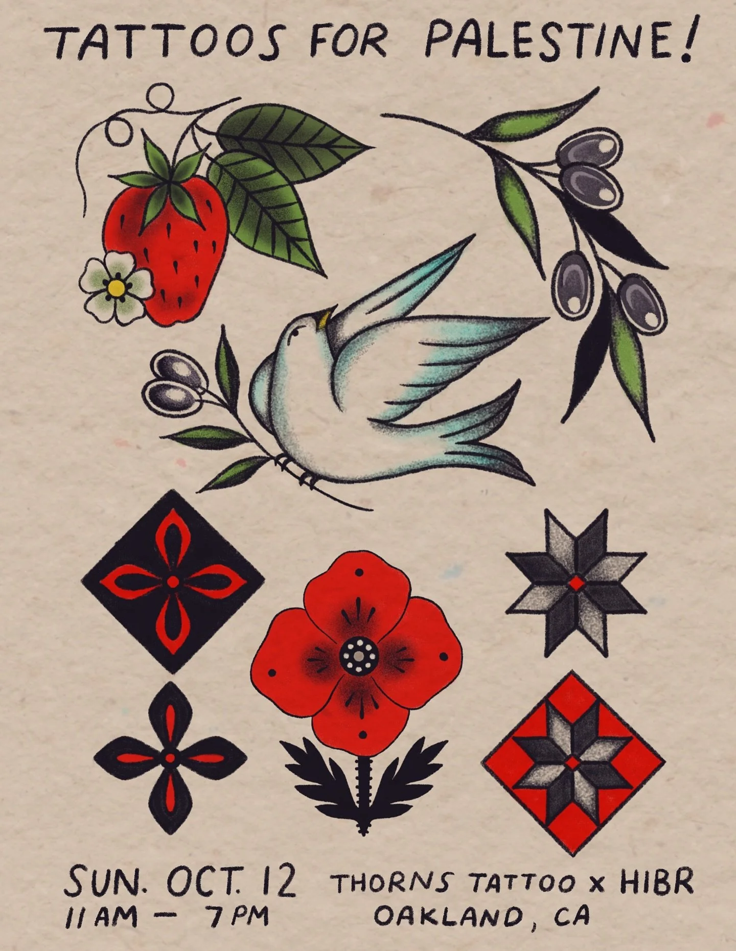 HIBR FLASH! 🇵🇸🕊️❤️🖤🤍💚

I&rsquo;m honored to participate in @hibrfalastin&lsquo;s worldwide fundraiser for Palestine, alongside my badass studio-mates at @thorns.tattoo 

I&rsquo;m offering these flash pieces in color or black and grey in pre-bo