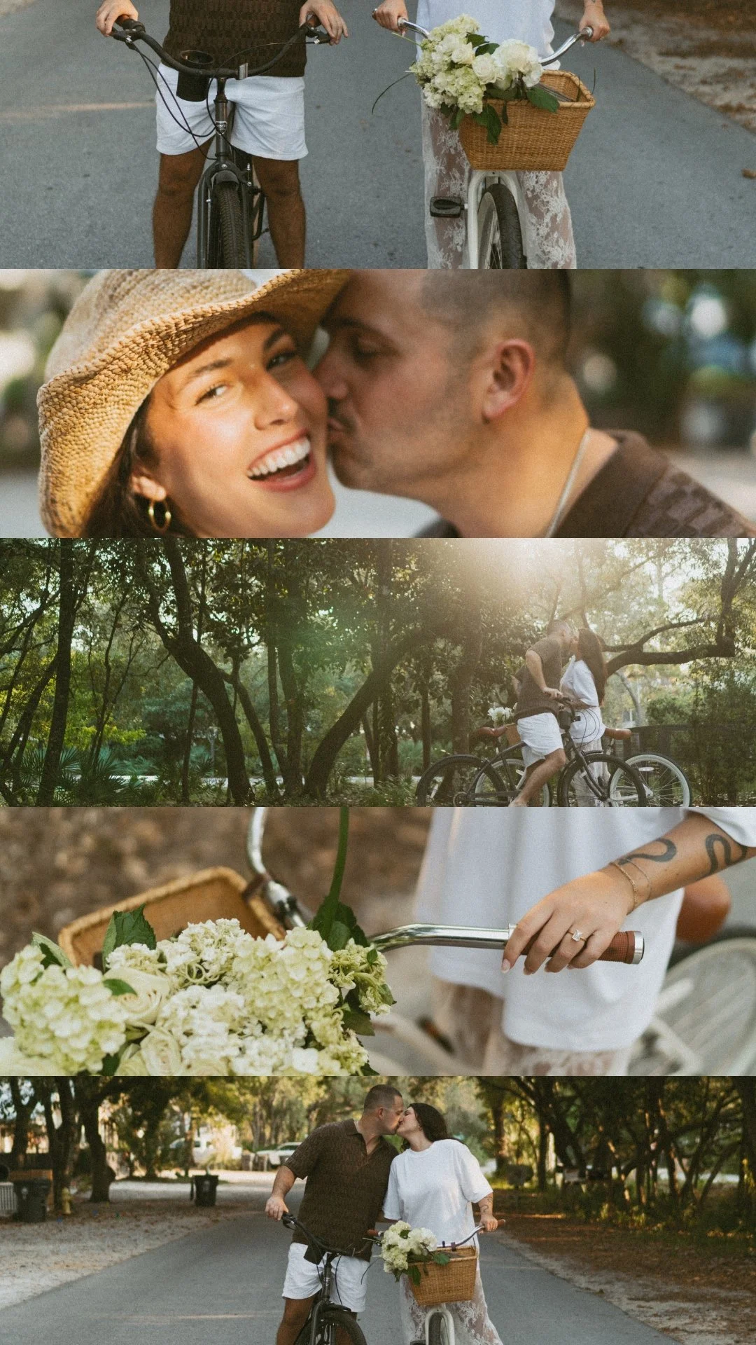 Collage of engagement photos with bikes, couple on a bike ride at sunrise in Grayton Beach Florida, they are laughing, having fun, kissing and smiling together it is a quiet morning on the side streets and the sun is peeking through the trees