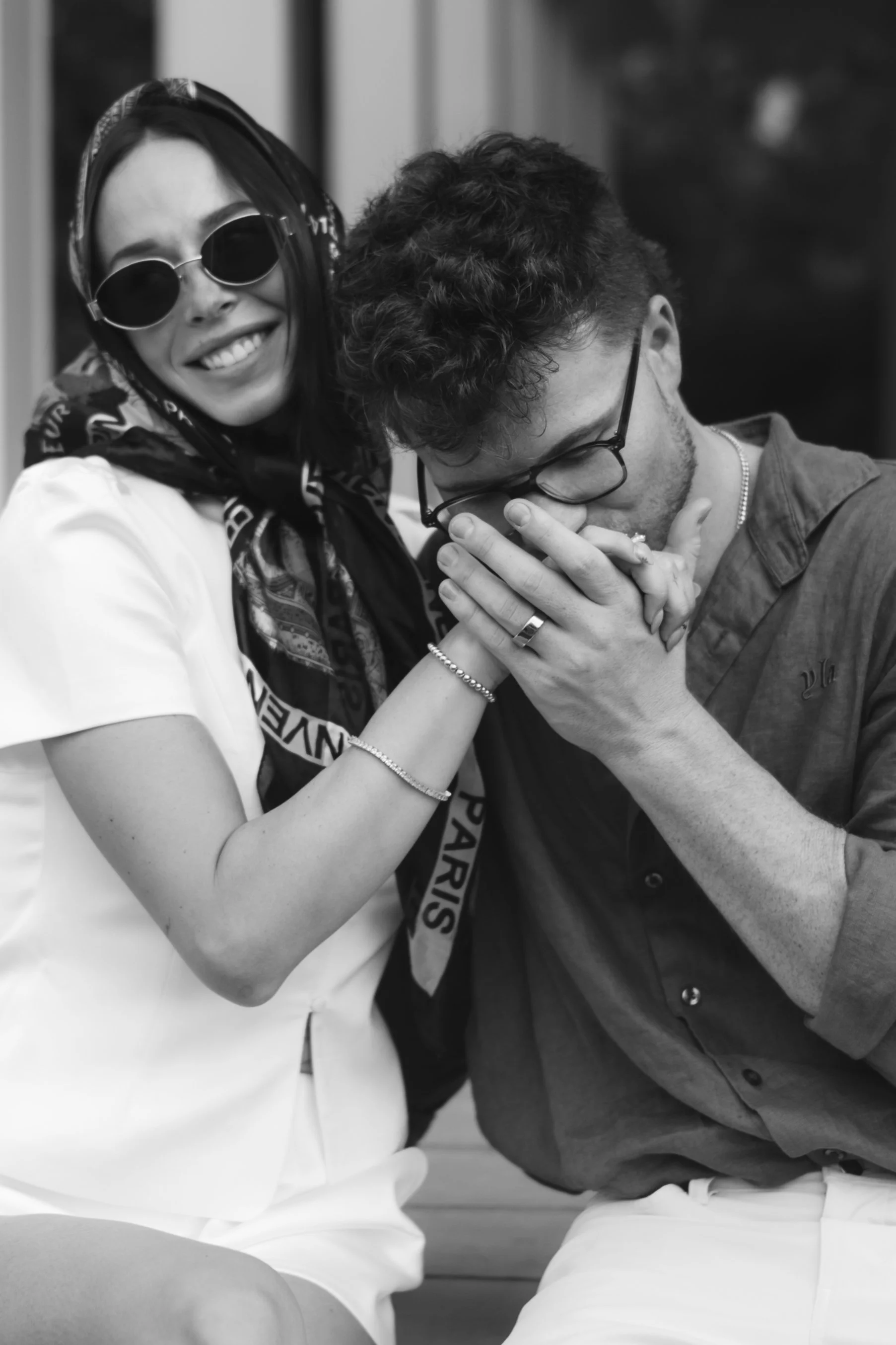 Black and white engagement photo