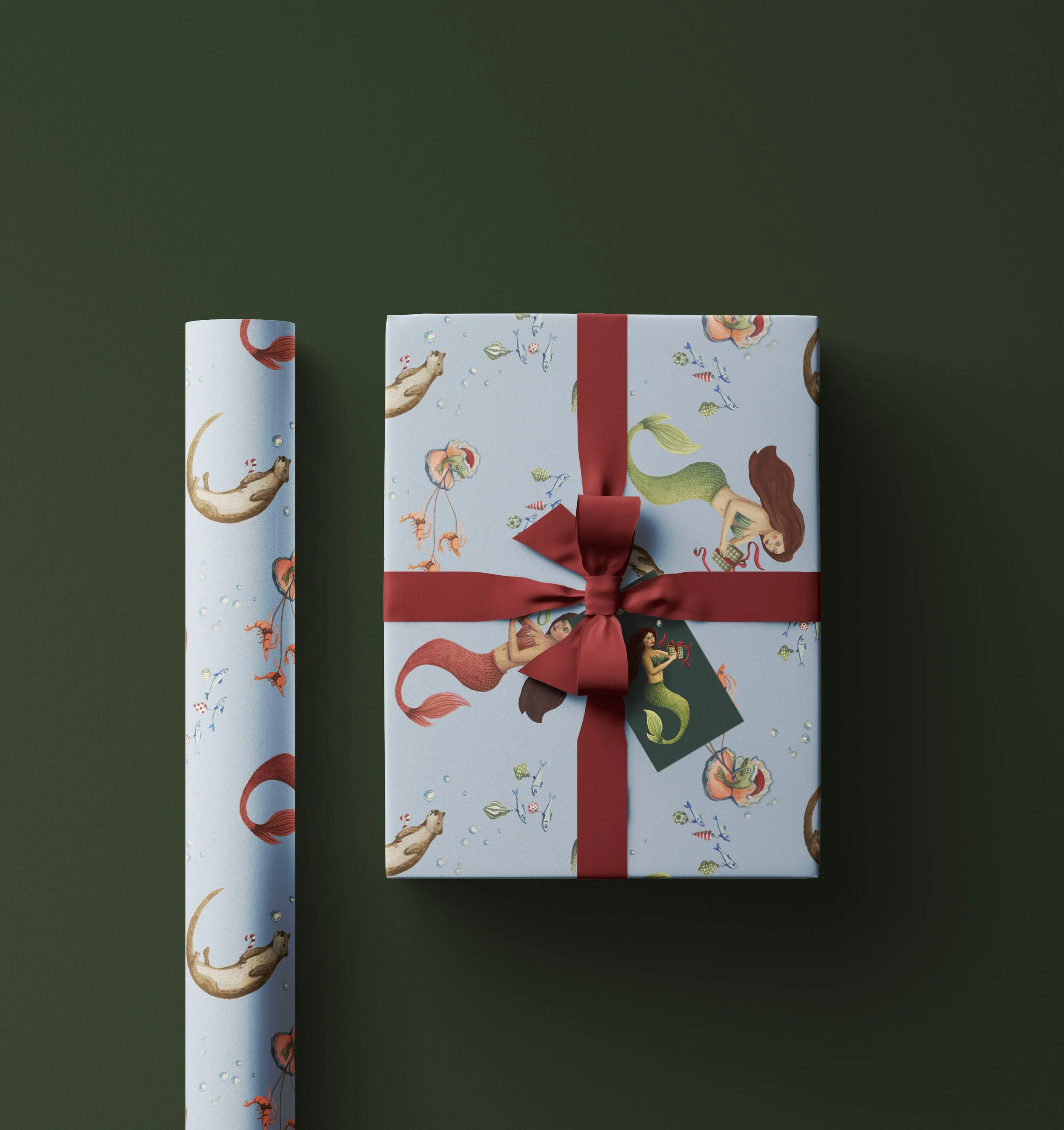 Merry Fishmas Wrapping Paper Mockup - Sardines 3 Cropped w Hang Tag.jpg