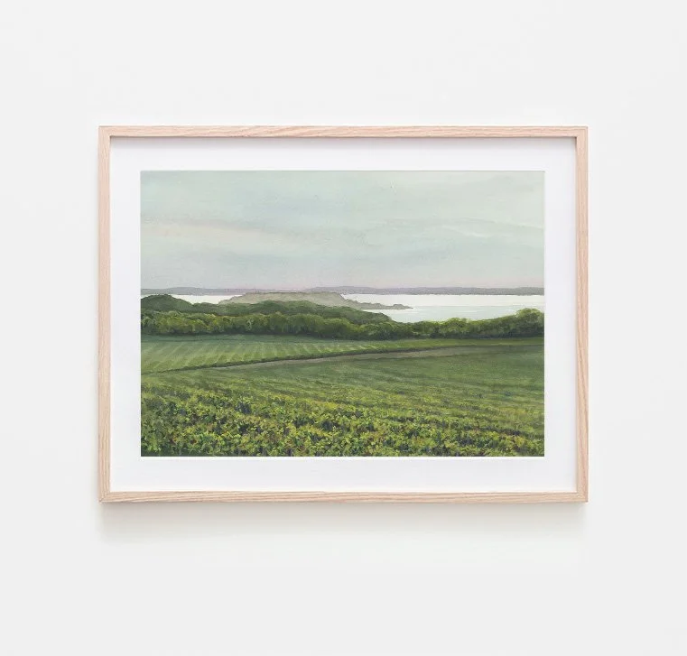 watercolor and gouache artwork by Kristin MacKenzie Hussey. A view of the vineyards on Old Mission Peninsula in Traverse City, Michigan