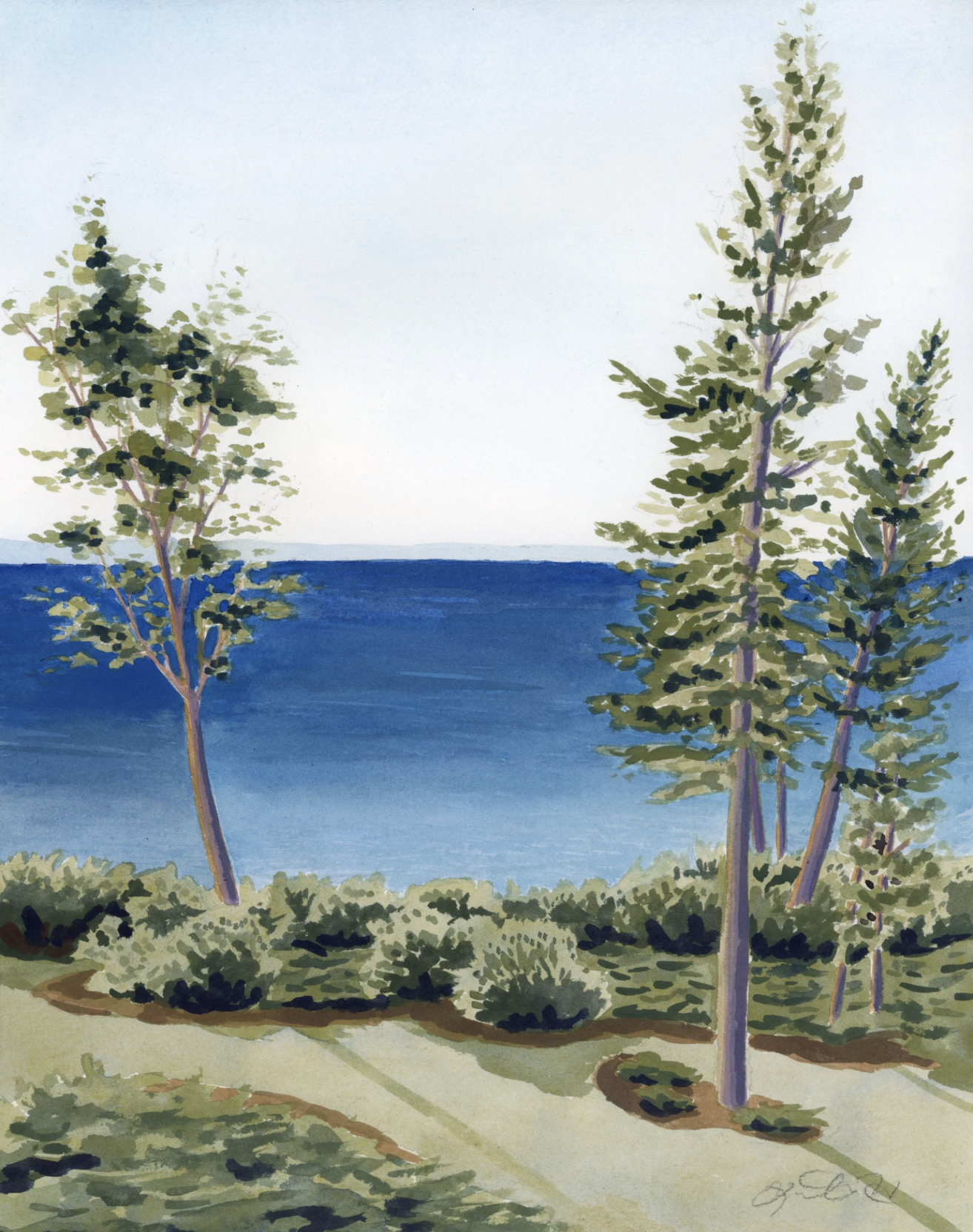 watercolor painting of trees on bluffs of Lake Michigan by Leland, Michigan artist Kristin MacKenzie