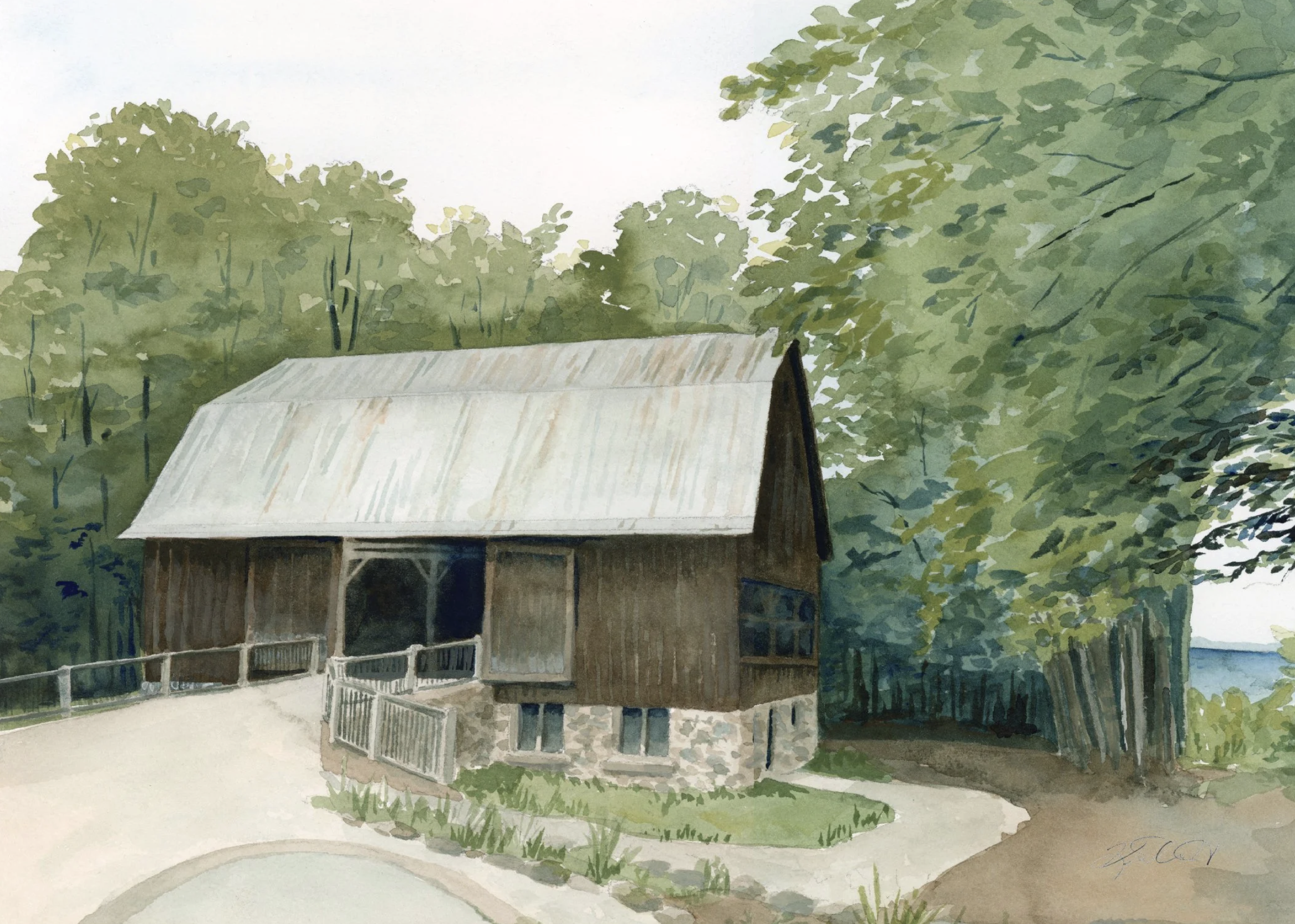 painting of barn in woods of Leelanau Peninsula by Leland, Michigan watercolor artist Kristin MacKenzie
