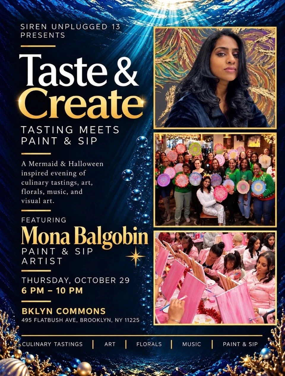Taste and Create flyer featuring Mona Balgobin as a Paint and Sip artist, October 29, 6 to 10 PM, BKLYN Commons