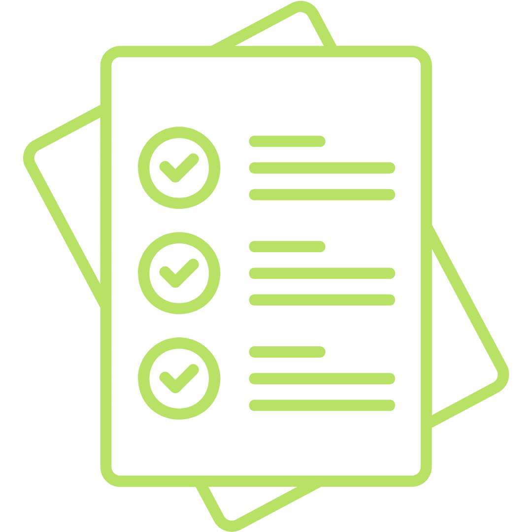 Line art icon of a checklist with three items, each marked with a checkmark, on two overlapping documents in green outline.