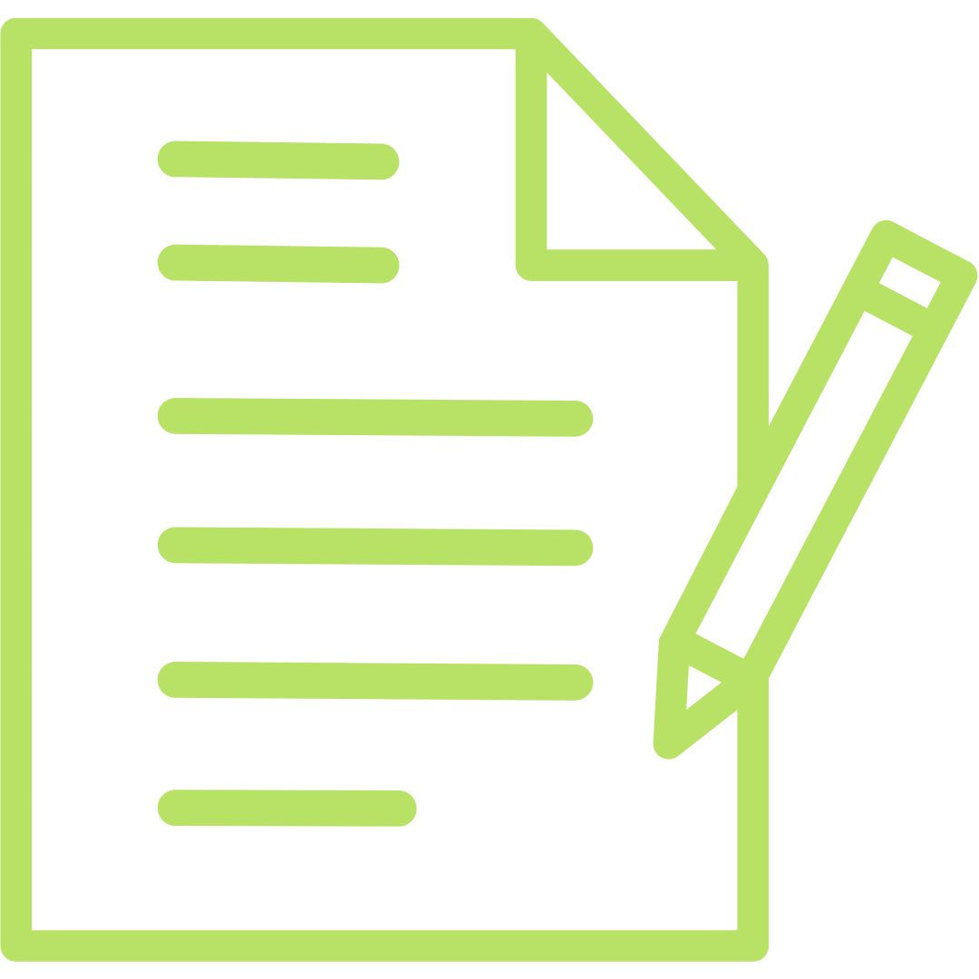 Outline icon of a document with lines of text, a folded corner, and a pen next to it.