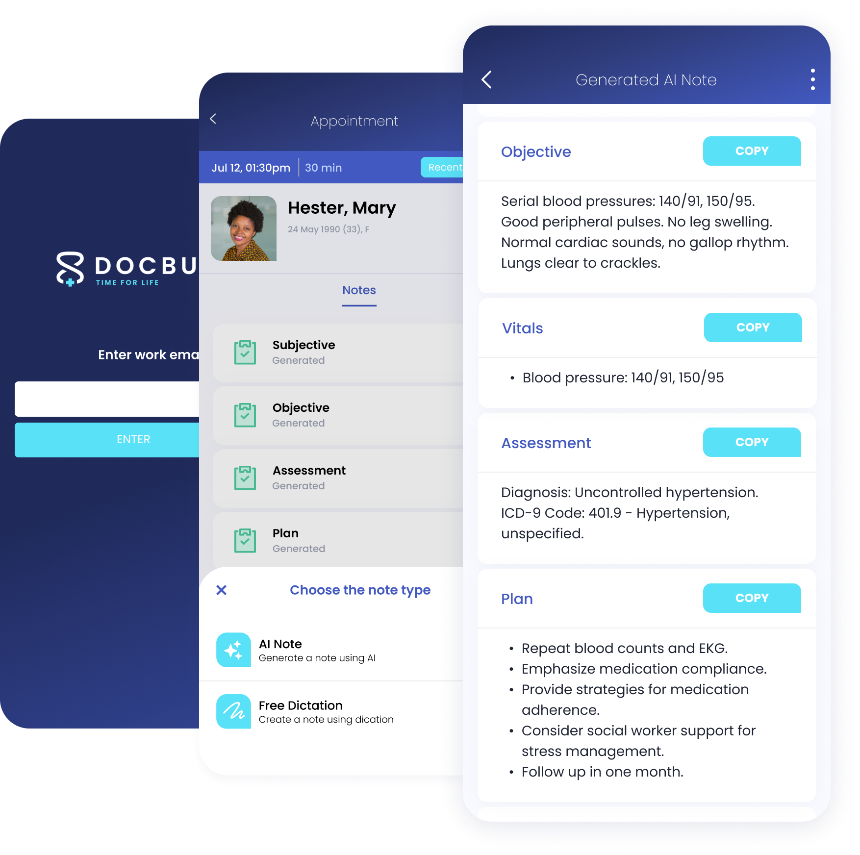 DocBuddy login and appointment screen showing the PointClickCare patient list