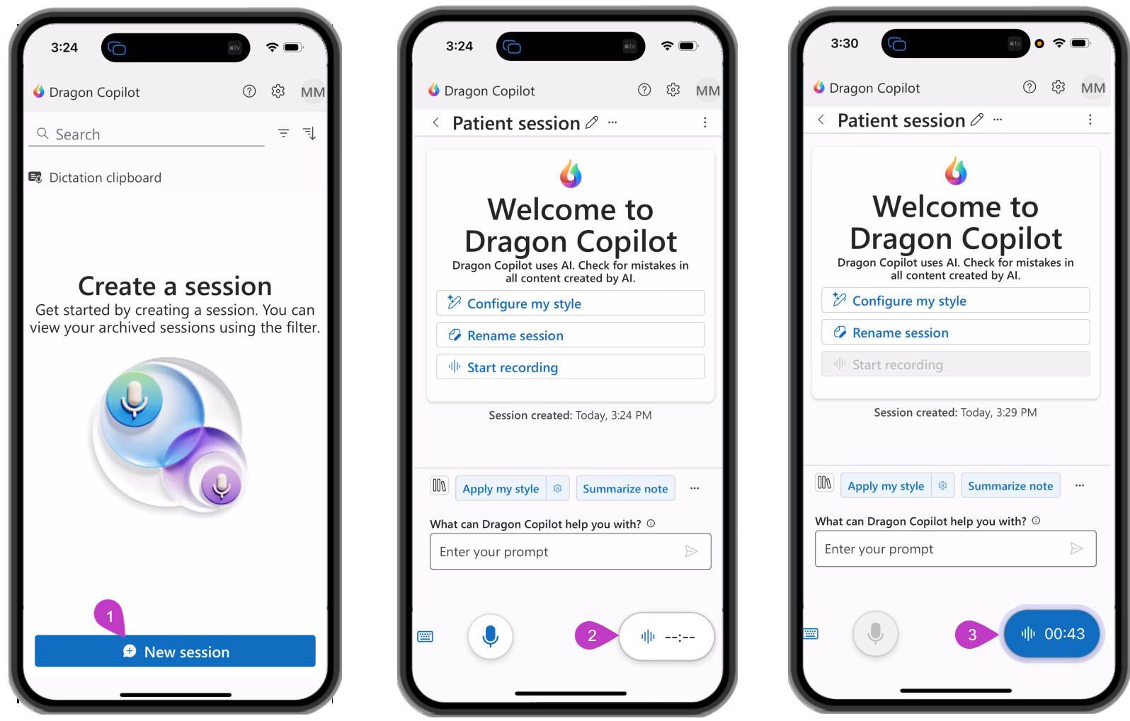 Screenshots of a mobile app interface of Dragon Copilot, showing the process of creating and recording a session, with options to configure style, rename, and start recording, including a timer for the recording duration.