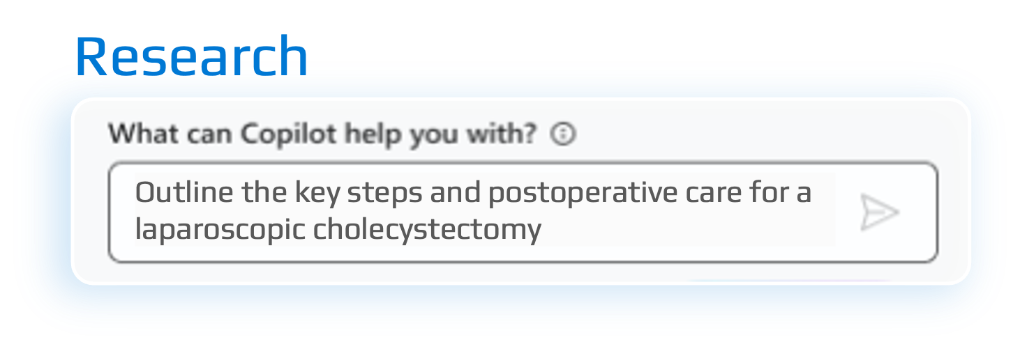 A digital screen with a chat interface showing a message that says, 'Outline the key steps and postoperative care for a laparoscopic cholecystectomy.'