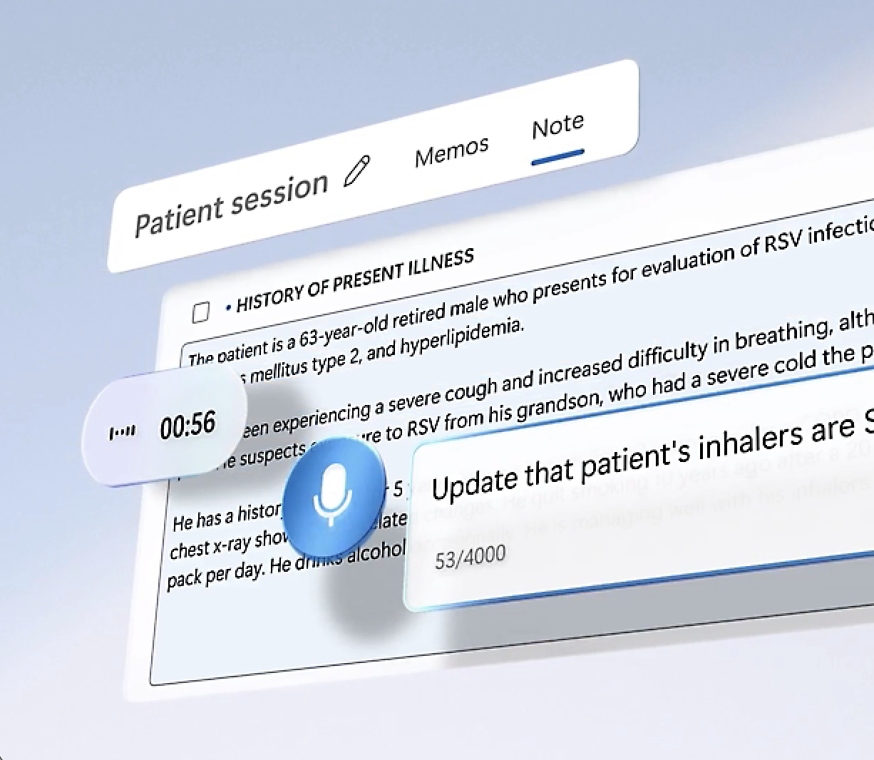 Medical record screen showing patient information, notes, and a voice recording indicated by a microphone icon and timer.