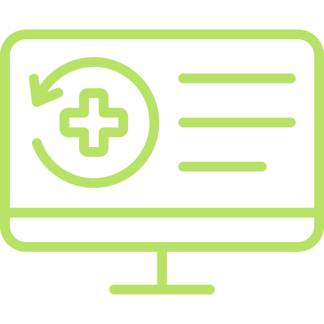 Line drawing of a computer screen with a medical cross inside a circle and a curved arrow around it, indicating medical or health data recovery.
