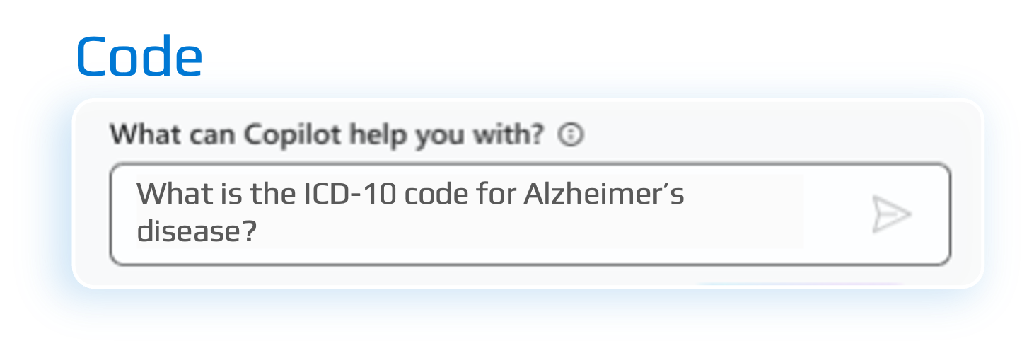 Chatbot window labeled 'Code' asking 'What can Copilot help you with?'; user input asks 'What is the ICD-10 code for Alzheimer's disease?'