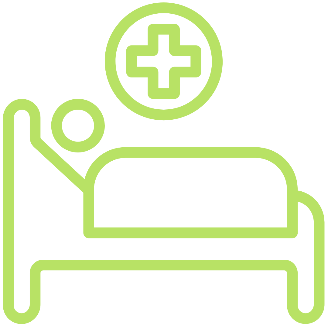 Healthcare or medical symbol with a person in bed and a medical cross above.
