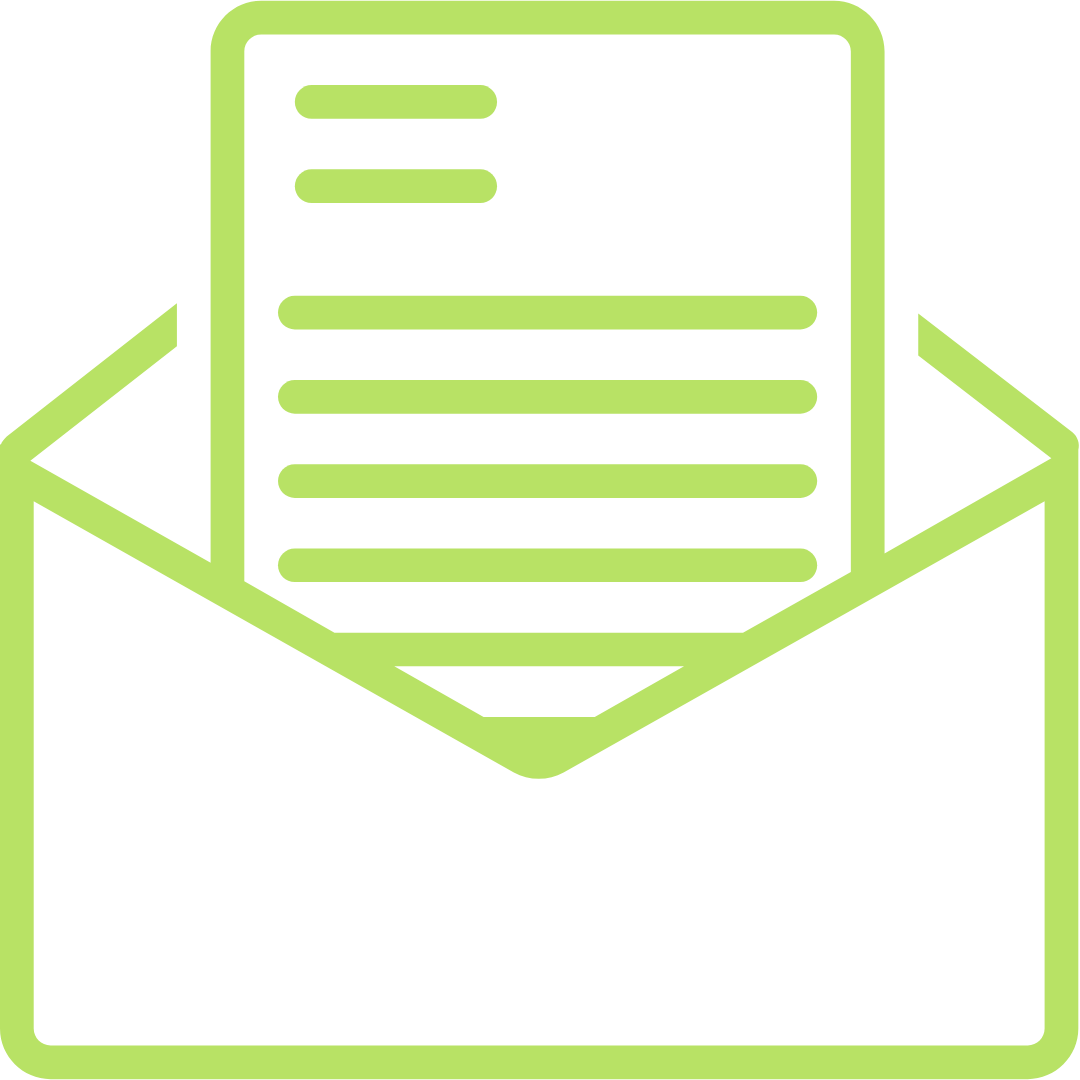 Icon of an open envelope with a letter inside, represented with simple green lines.