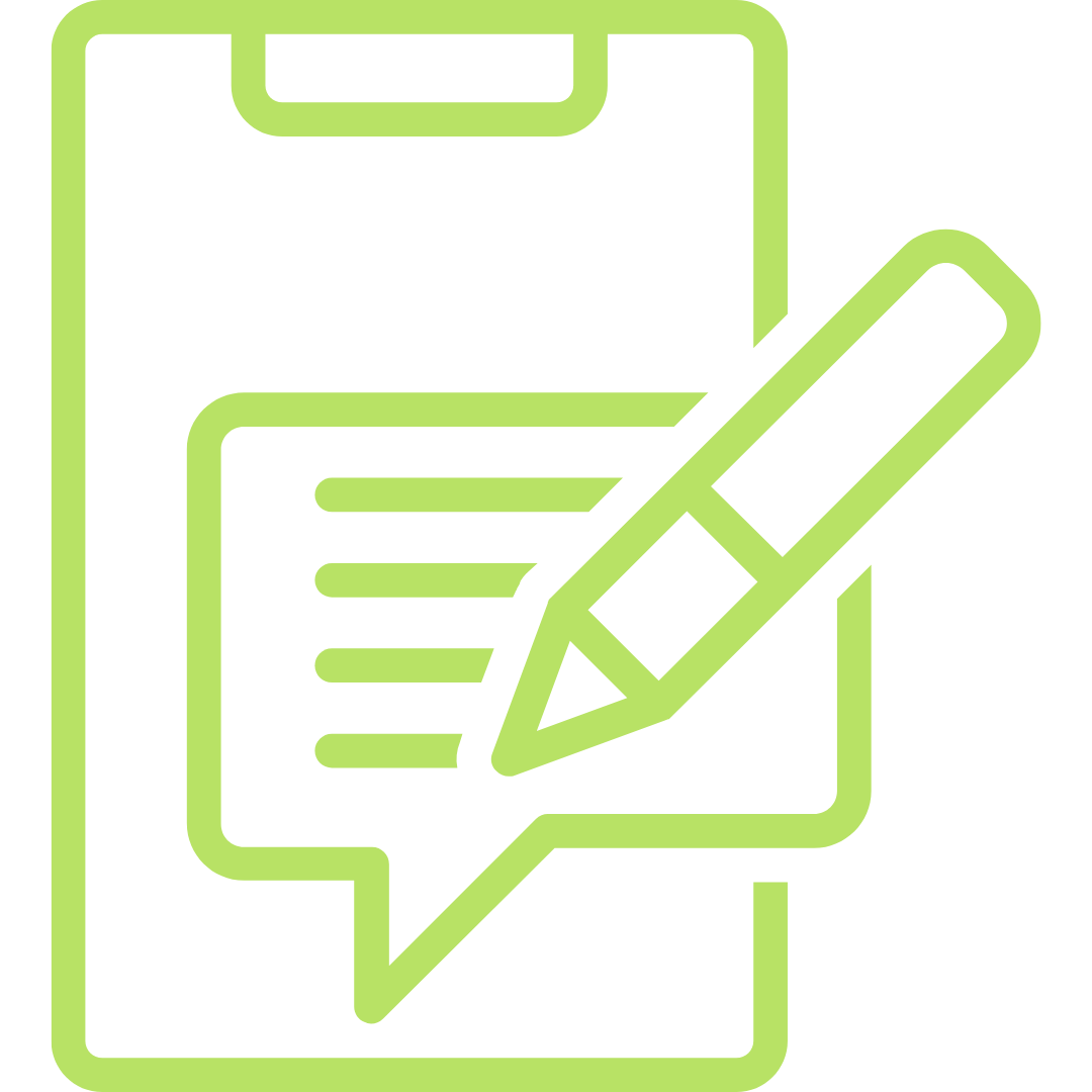Outline of a sheet of paper with lines of text, a speech bubble, and a pen, all in green.