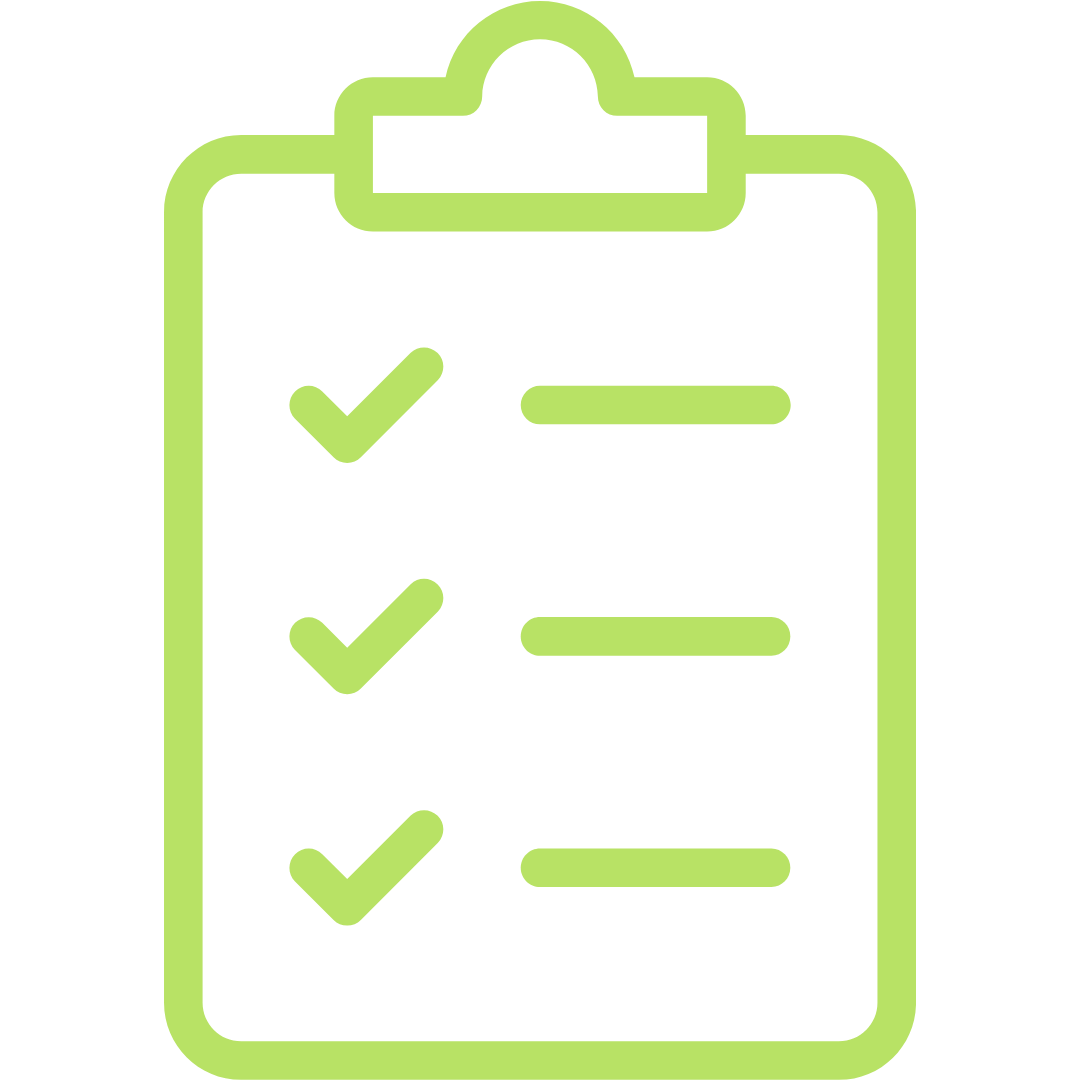 Green outline clipboard with three check marks and lines indicating a list