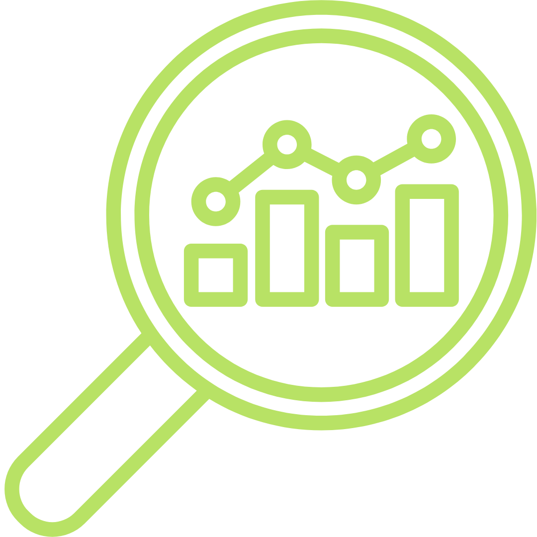 Magnifying glass highlighting a chart with bar graphs and line graph points.