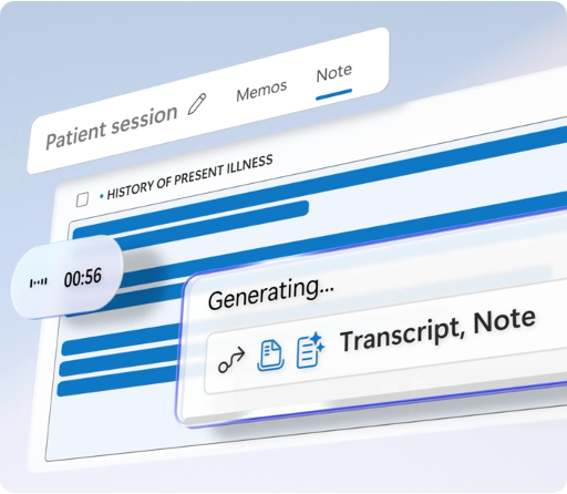 Screenshot of a medical software interface showing a patient session with options for notes and memos, a timer, and a generating transcript or note window.