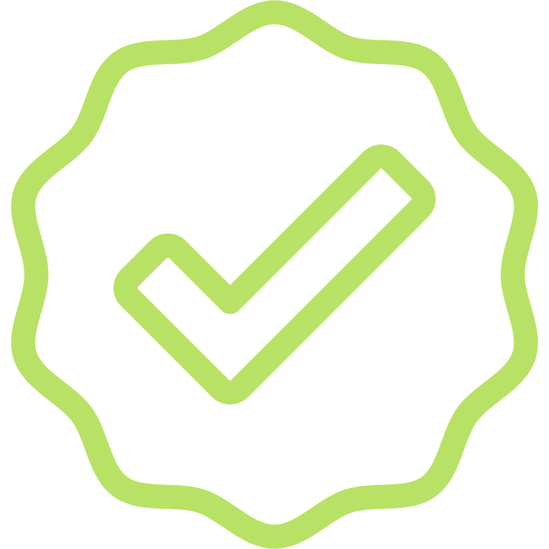 Green check mark inside a scalloped circle symbol.