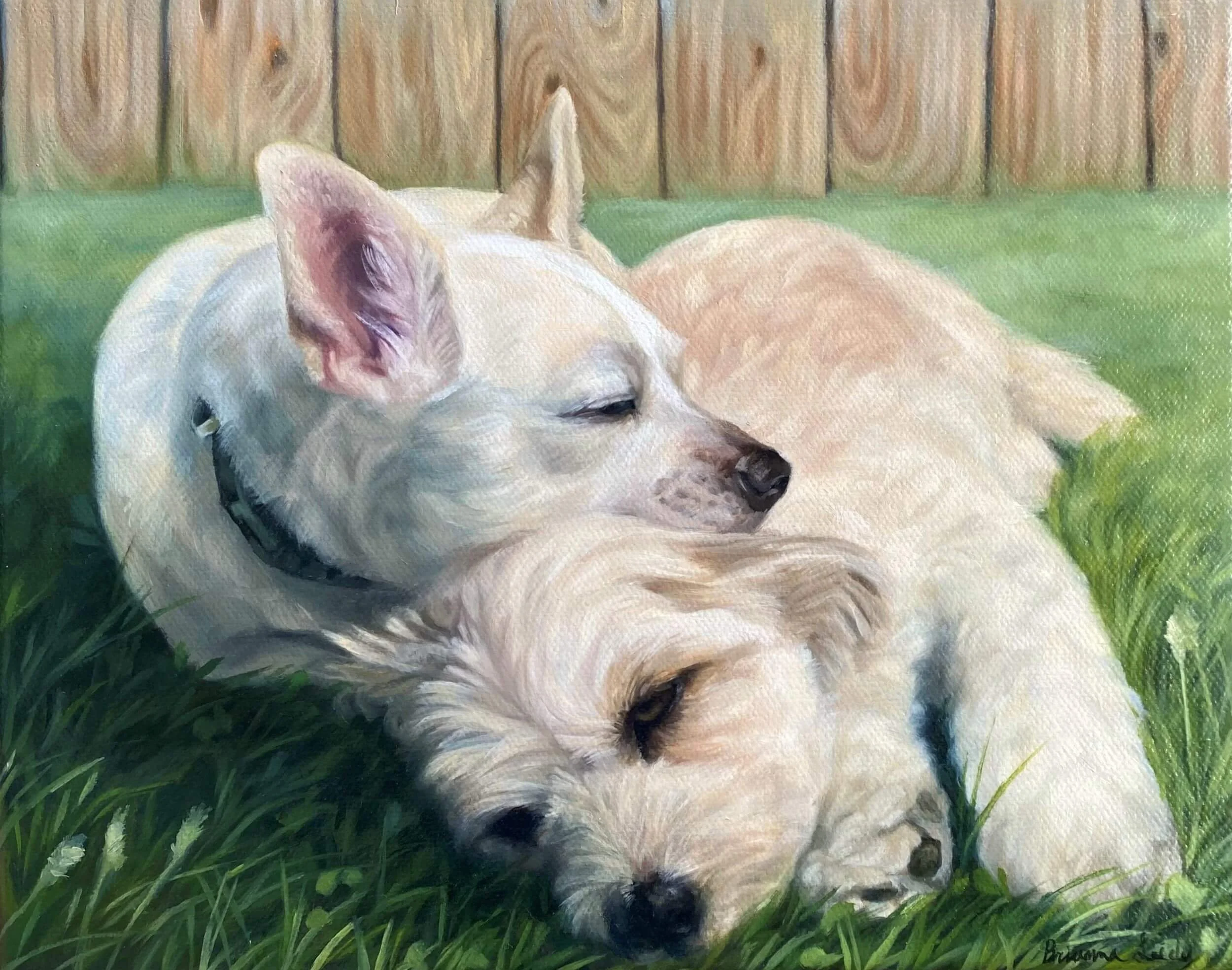 Oil painting of two dogs, Max the Chihuahua and Daisy the Maltese