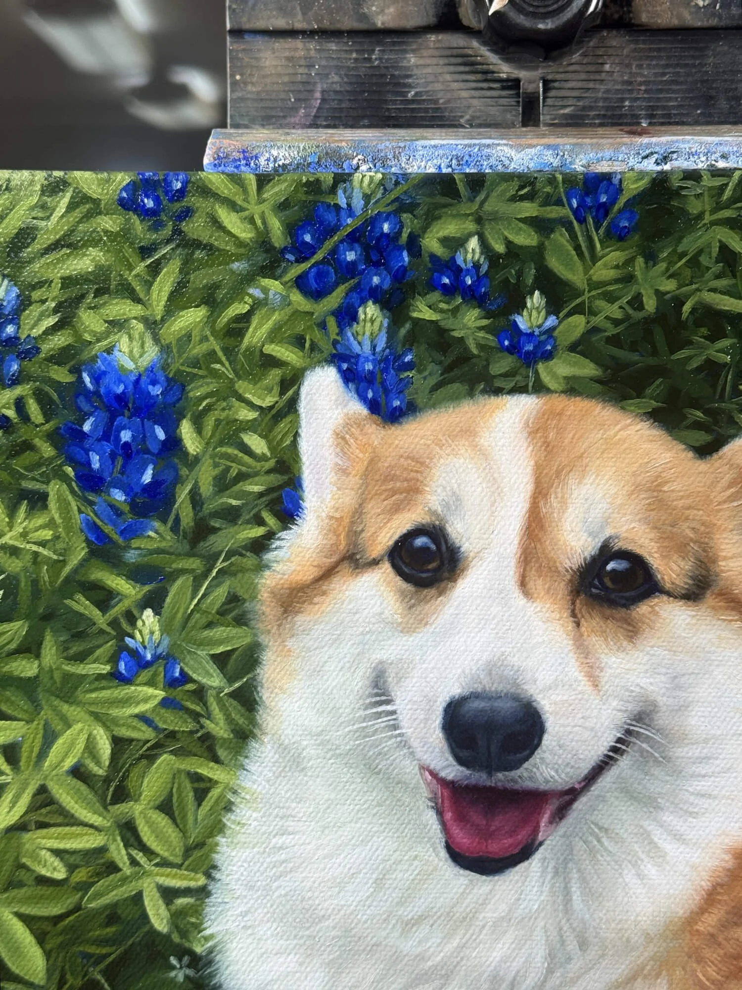 Closeup of Pembroke Welsh Corgi dog oil painting portrait on canvas
