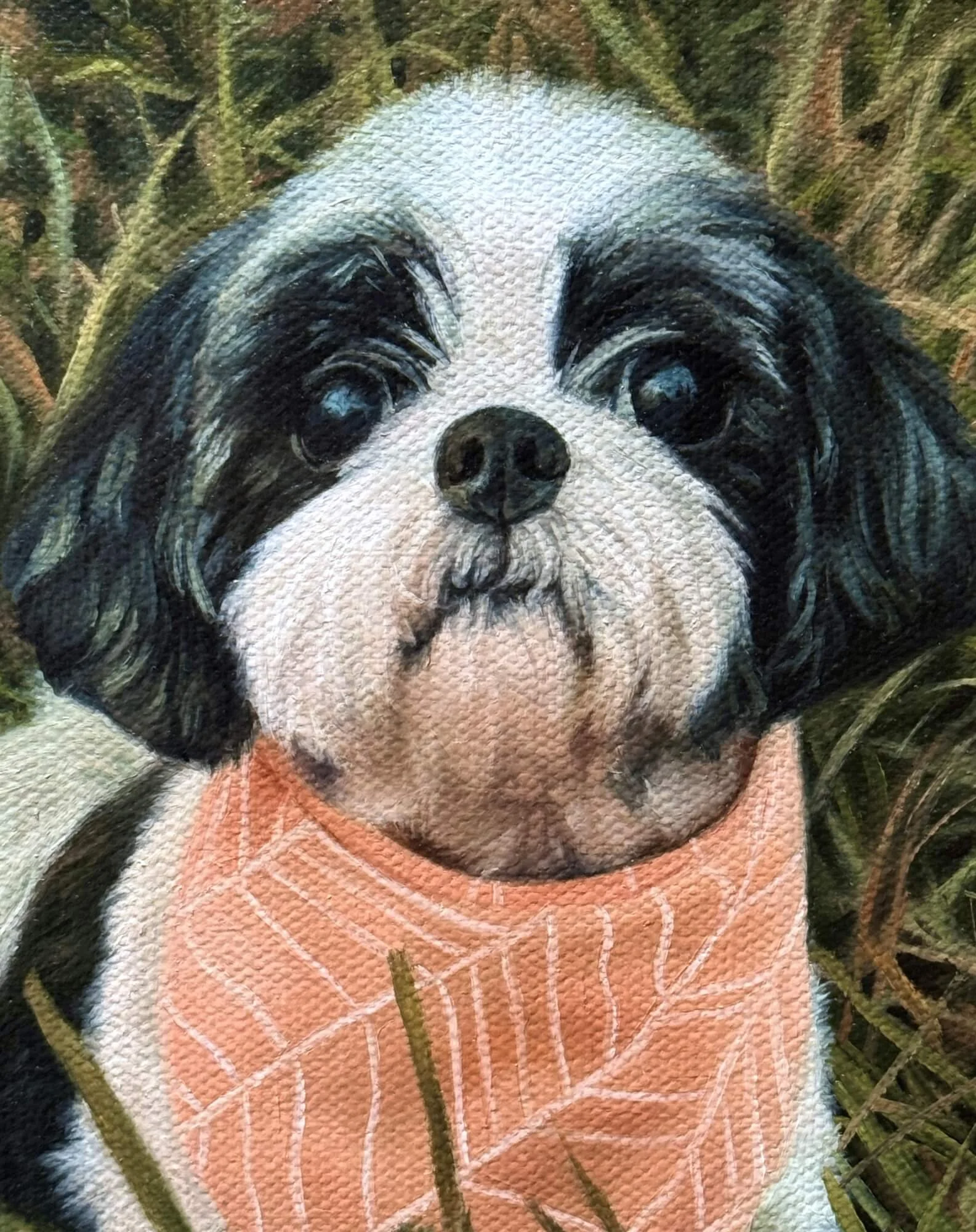 Close up of a Shih Tzu dog oil painting on canvas by professional pet portrait artist Brianna Leidy.