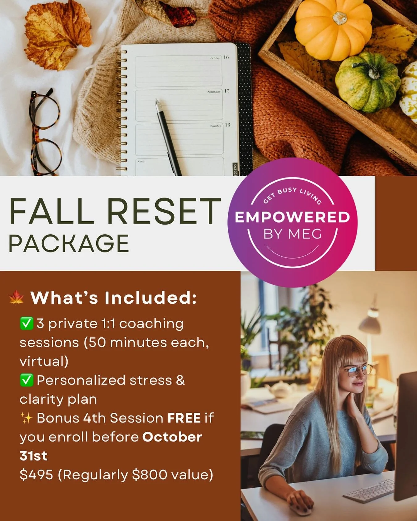 🍂 Feeling stretched thin, scattered, or stuck in old patterns?
 Fall is the perfect time to reset&mdash;not just your calendar, but your strategy for how you manage stress, build habits, and show up in your life and work.
 The Fall Reset Coaching Pa