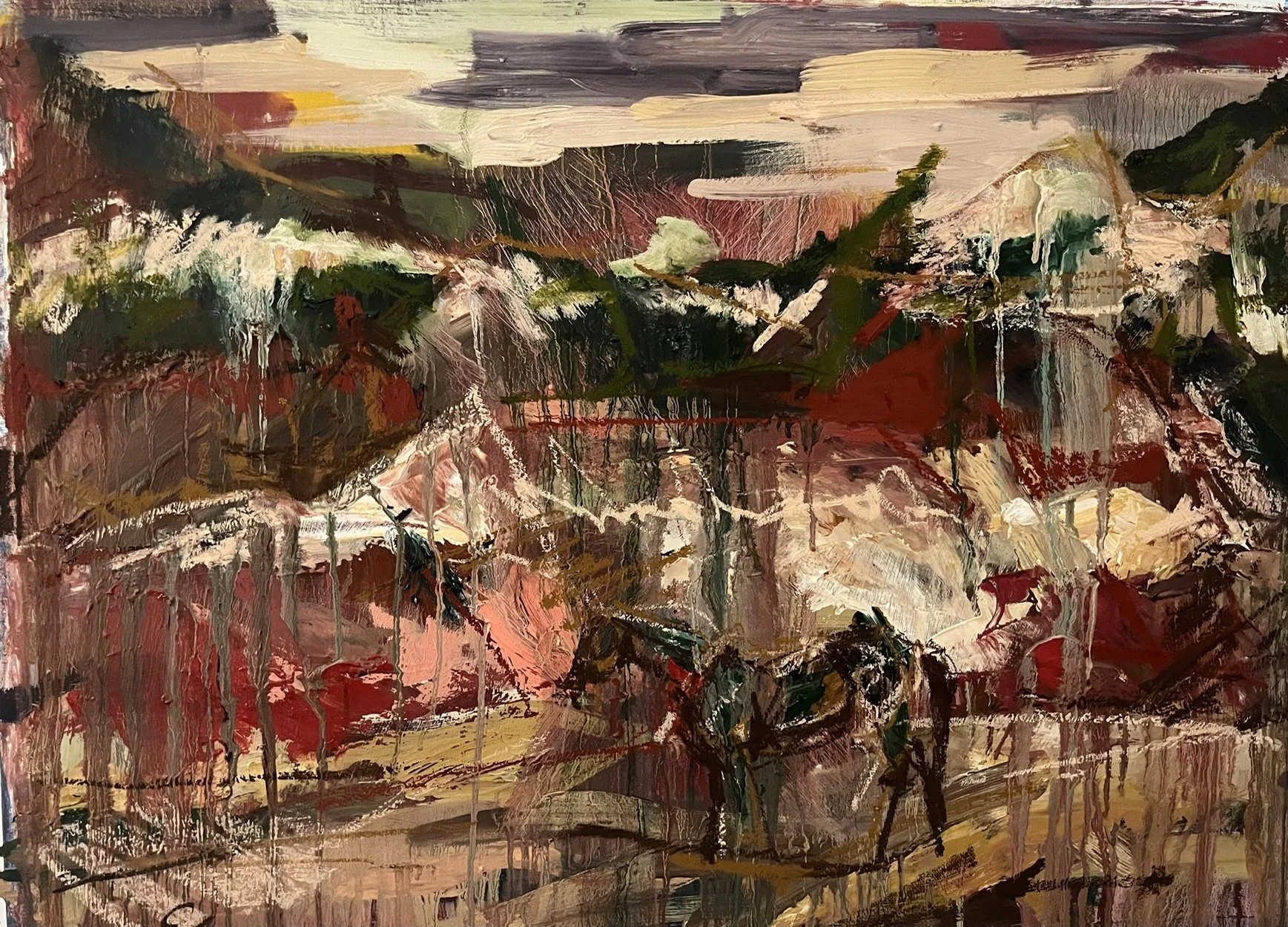 "Red Rock Mustang", 2026, Oil on Lenox, 26" x 40"
