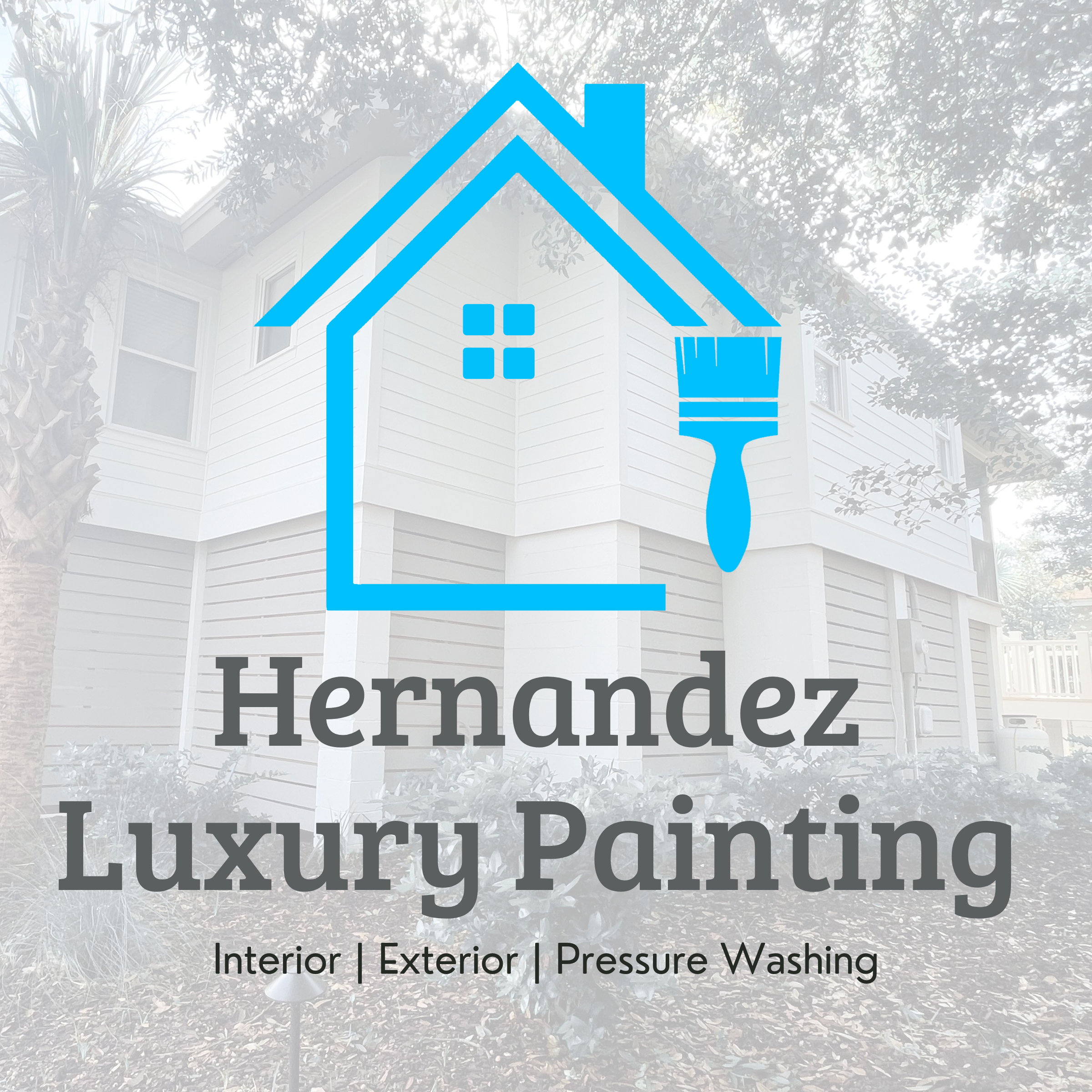 Logo for Hernandez Luxury Painting, featuring a blue outline of a house with a paintbrush integrated into the design, and text that reads Hernandez Luxury Painting with services listed as Interior, Exterior, and Pressure Washing.