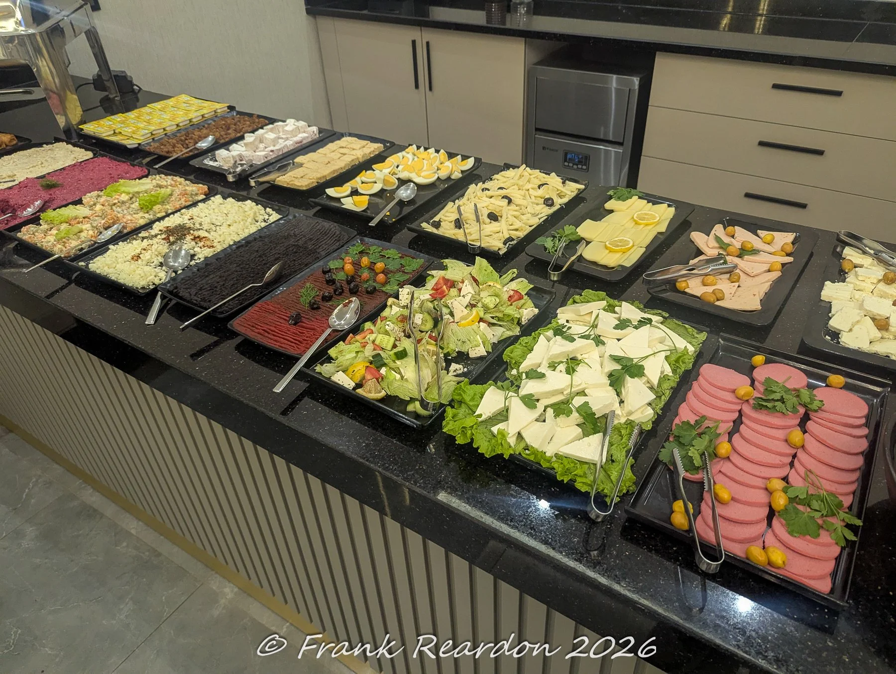 A diverse assortment of traditional Turkish breakfast meats, cheeses, and salads neatly arranged on a buffet counter in Istanbul.