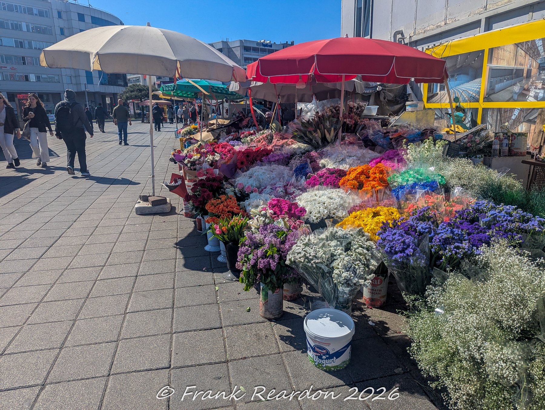 A bright daytime scene of an outdoor flower stall displaying buckets of colorful blooms, roses, and baby's breath beneath red and beige market umbrellas.