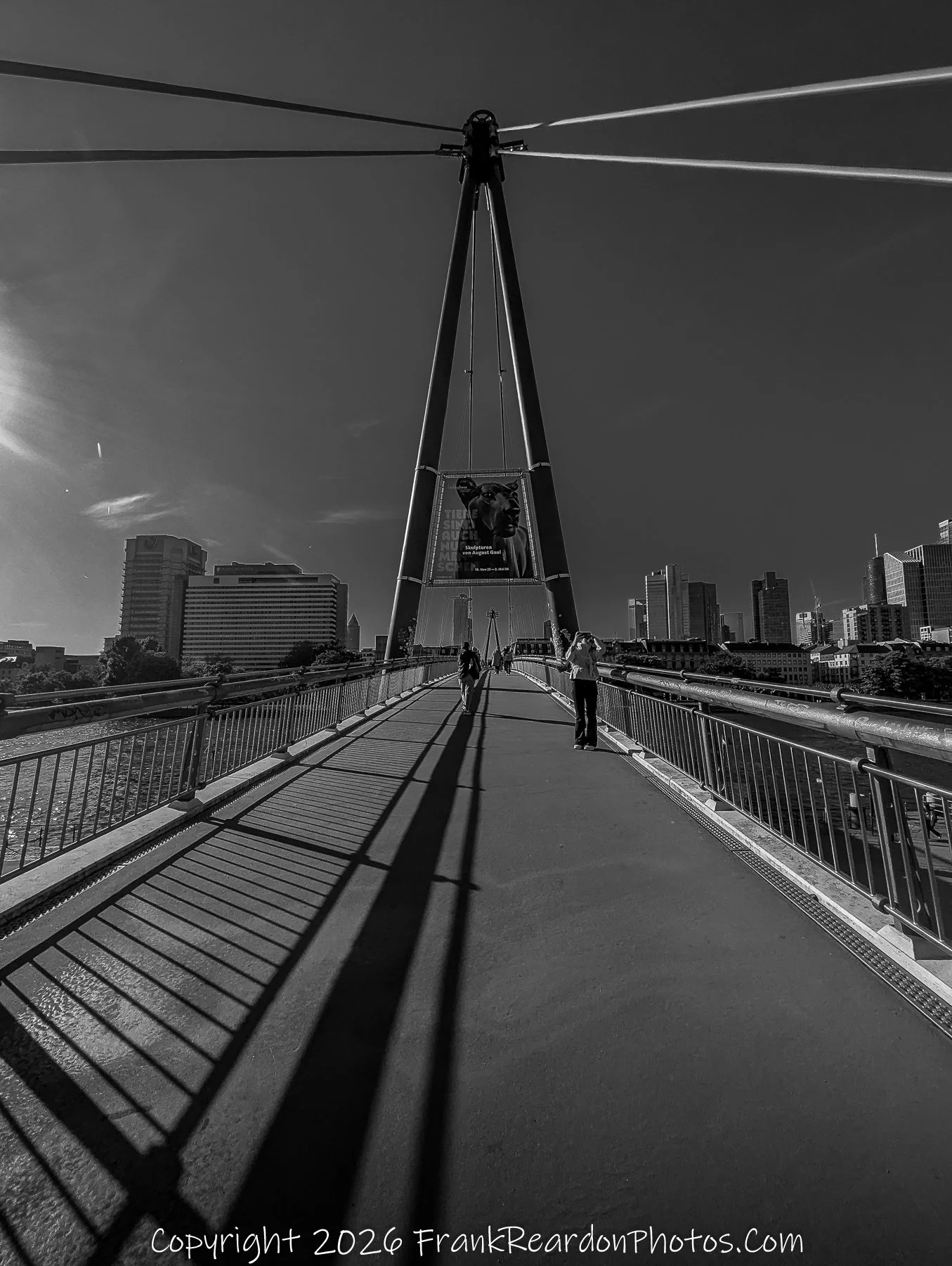 Bridge Perspective with Long Shadows (Black & White)
“Lines of Passage – Crossing Frankfurt”