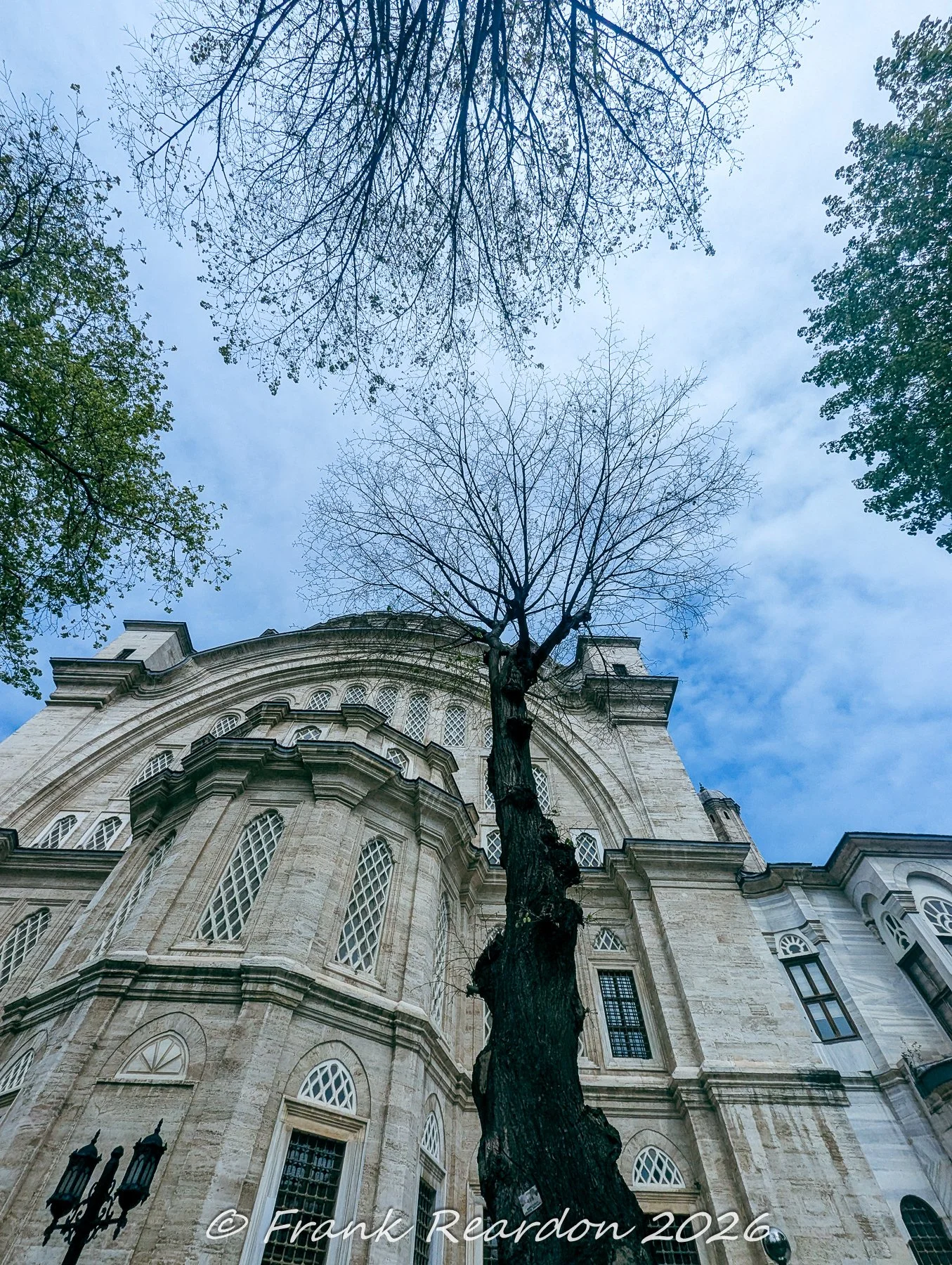 A low-angle shot framing the magnificent stone facade and arched windows of the Nuruosmaniye Mosque against a cloudy sky, framed by branches.