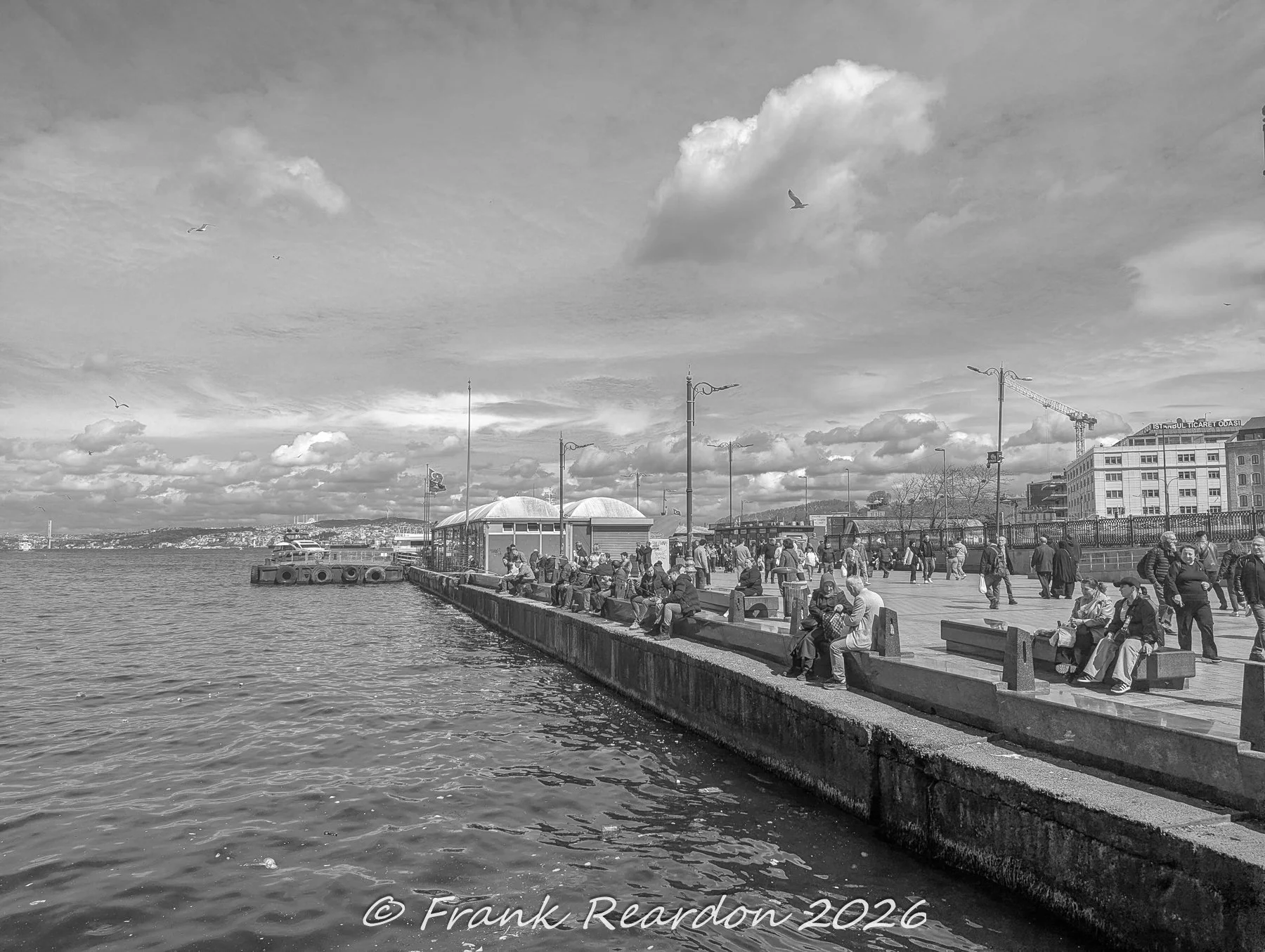 A monochromatic view of people gathered along the stone-paved waterfront promenade and benches overlooking the harbor under a cloudy sky.