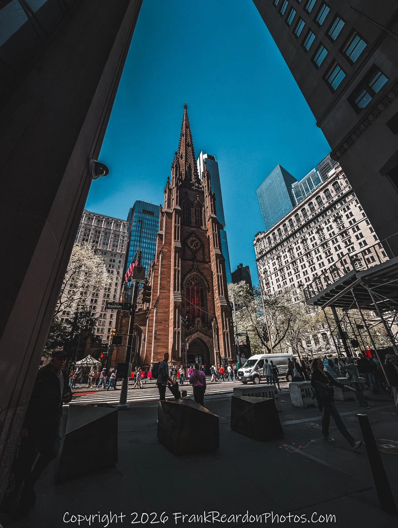 "St. Thomas Church framed by buildings"