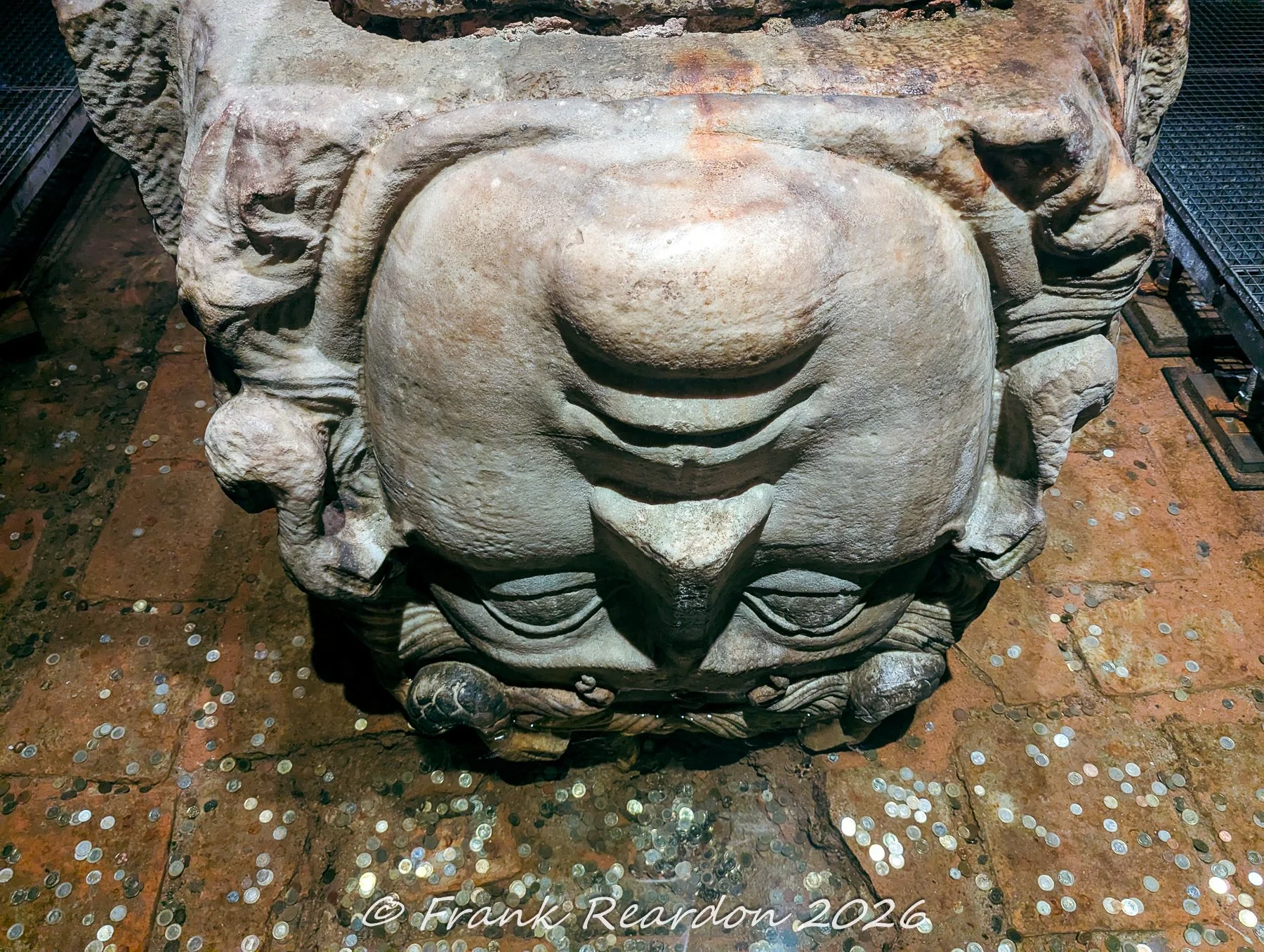 An overhead view of one of the famous Roman-era carved stone Medusa column bases, positioned upside-down in the murky water of the Basilica Cistern.