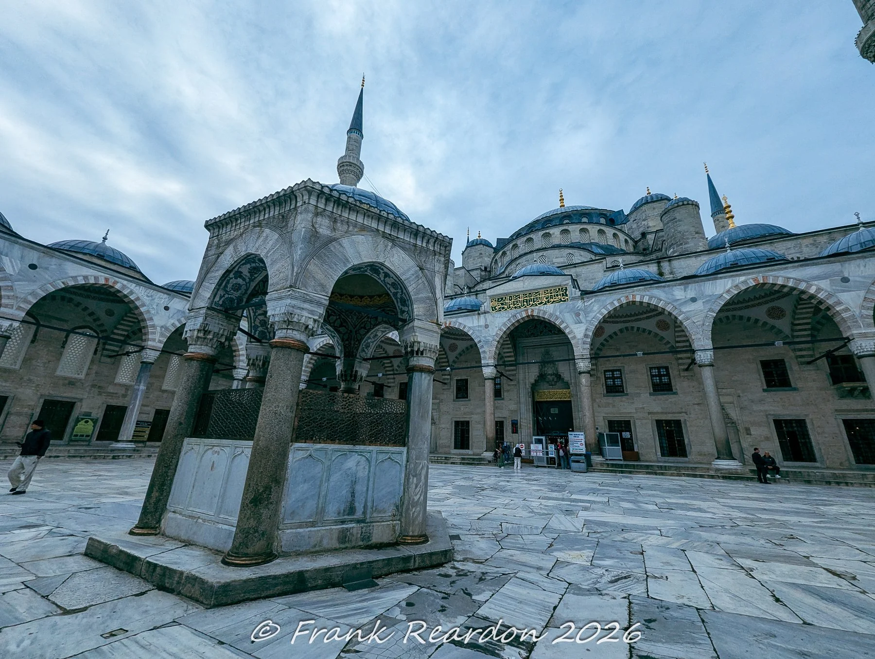 A close-up view of the historic marble ablution fountain situated in the center of the outer courtyard of the Sultan Ahmed Mosque (Blue Mosque).