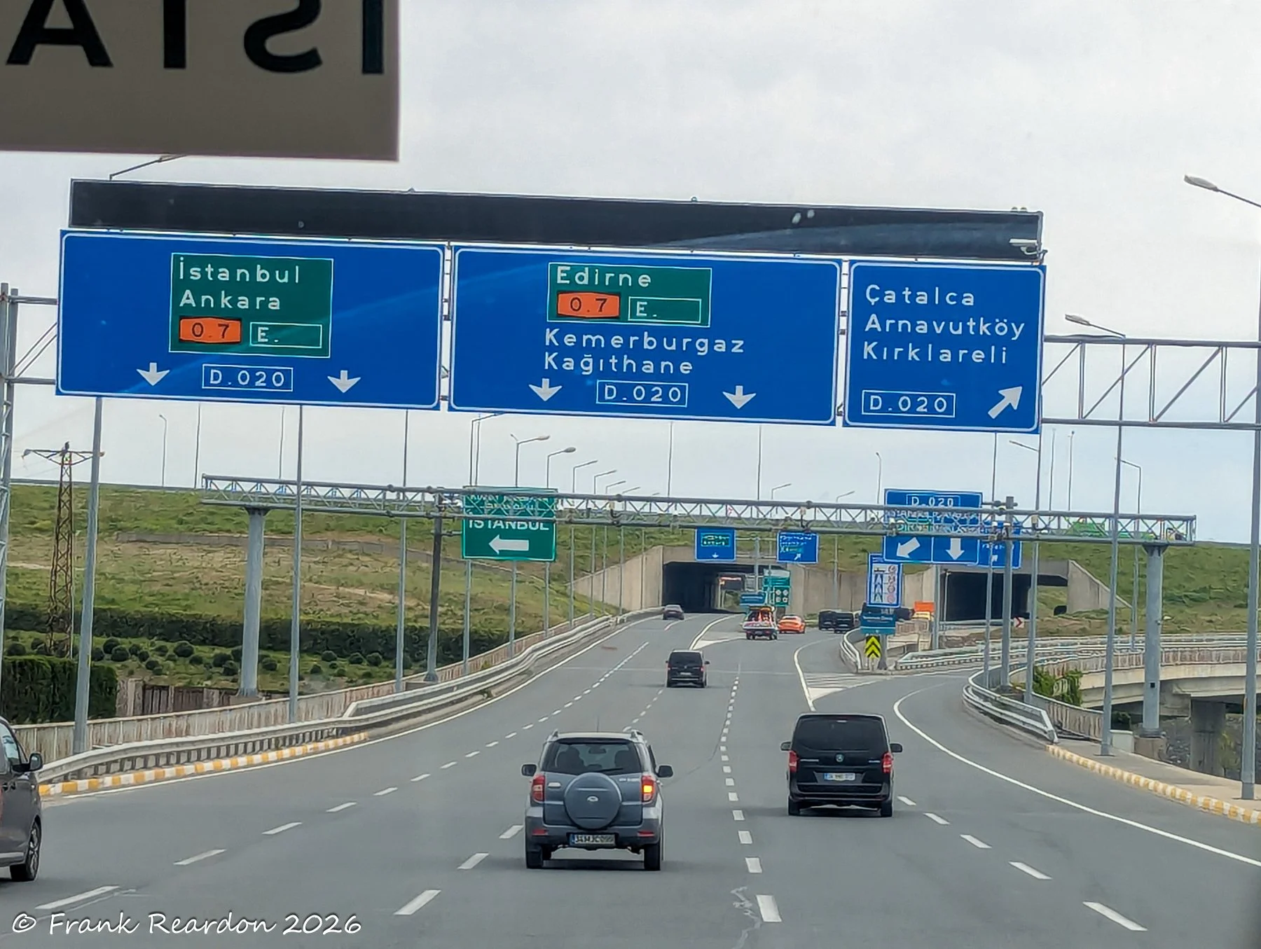 Clear blue overhead transit and directional signs guiding motorists along the highway toward Istanbul, Ankara, Edirne, and surrounding regions.