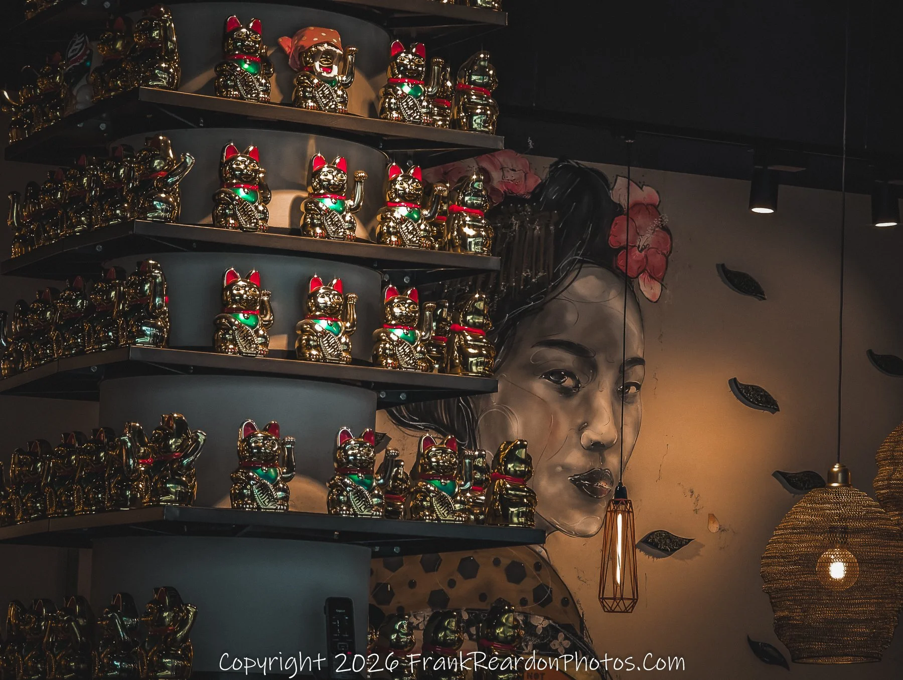 Maneki-neko Display with Mural (Restaurant/Interior Scene)
“Fortune and Reflections – A Wall of Gold”