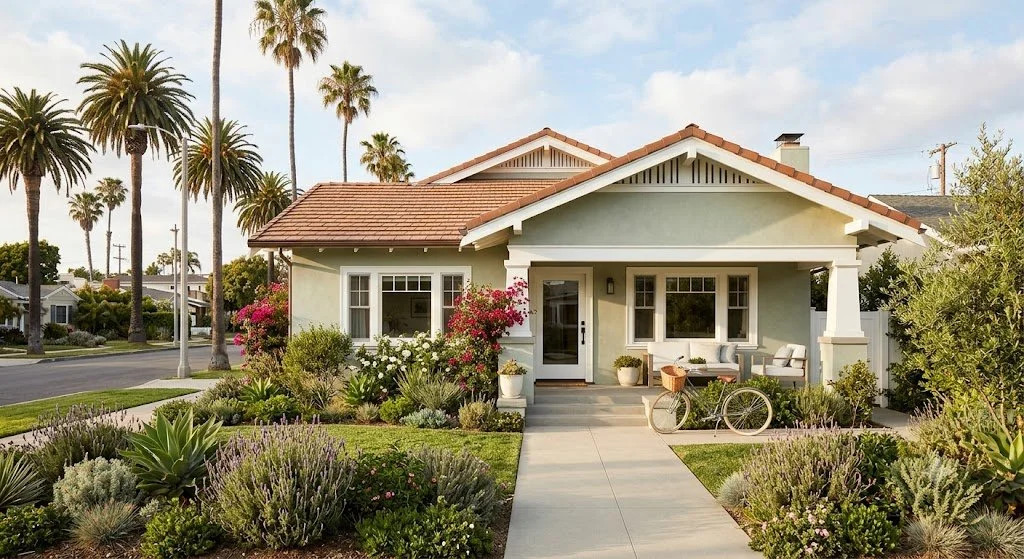 A charming, sun-drenched Santa Monica bungalow surrounded by lush landscaping and palm trees on the Westside of Los Angeles