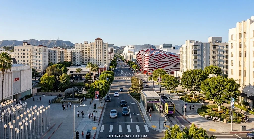 Aerial view of Wilshire Boulevard in the Miracle Mile neighborhood of Los Angeles, featuring the Petersen Automotive Museum and LACMA.