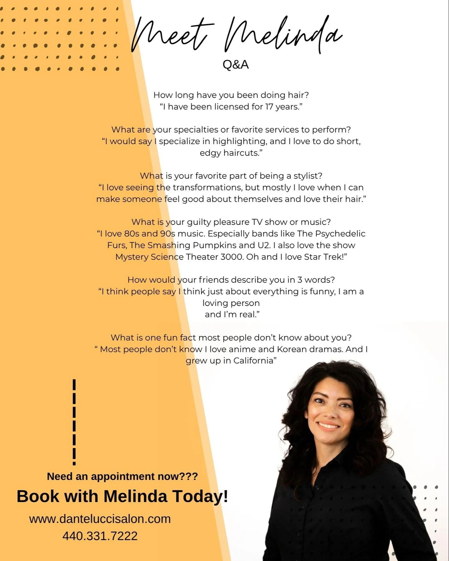 ✨ Introducing Meet the Team Tuesdays! ✨

Each week through the end of the year, we&rsquo;re giving you a closer look at the amazing stylists behind the chairs here at Dante Lucci Salon. 💇&zwj;♀️💇&zwj;♂️

From their specialties and favorite services