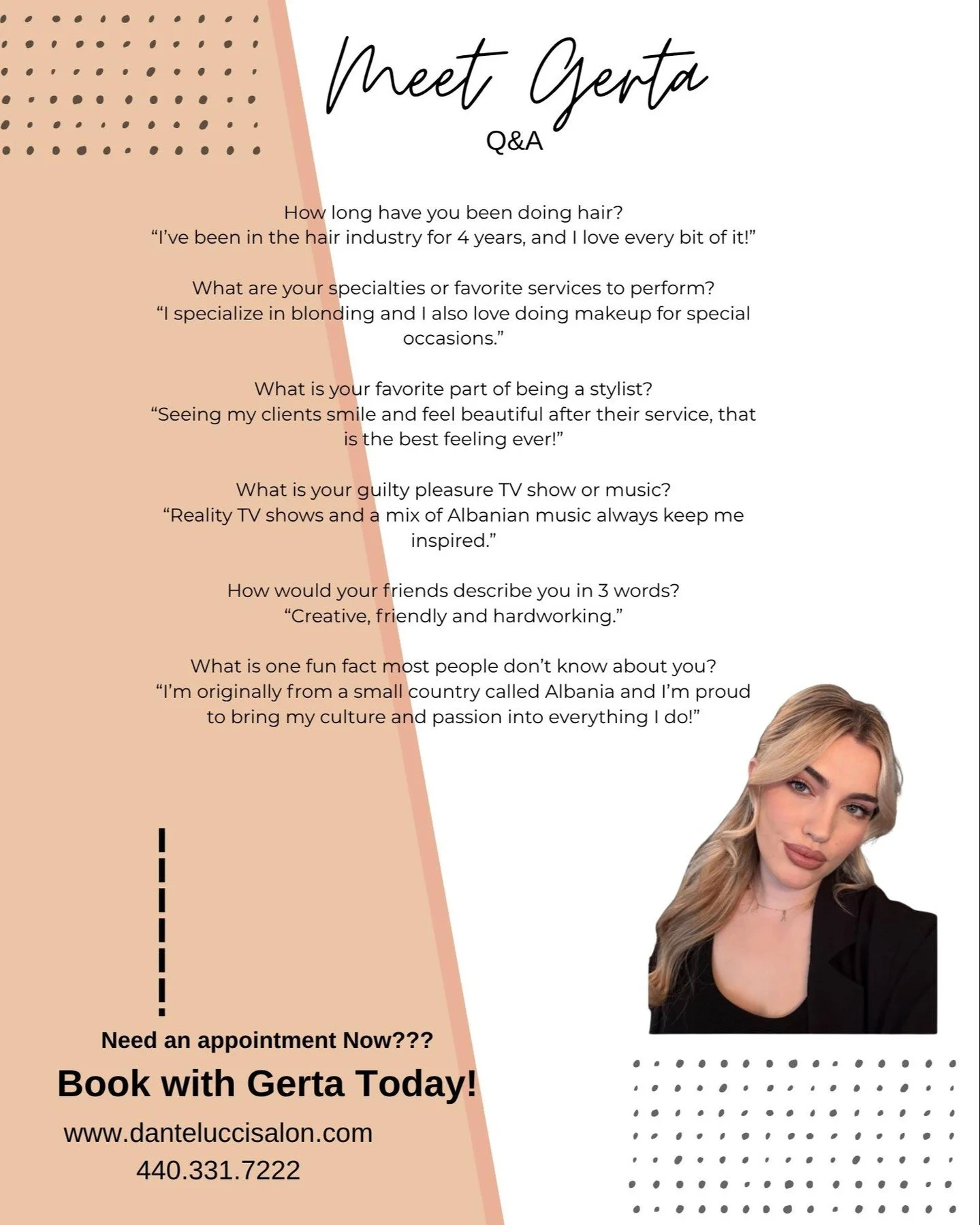 Meet Gerta! ✨

Gerta&rsquo;s been in the hair industry for 4 years and absolutely loves what she does. She specializes in blonding and makeup for special occasions, making every client feel radiant and confident. 

Fun fact, Gerta is originally from 