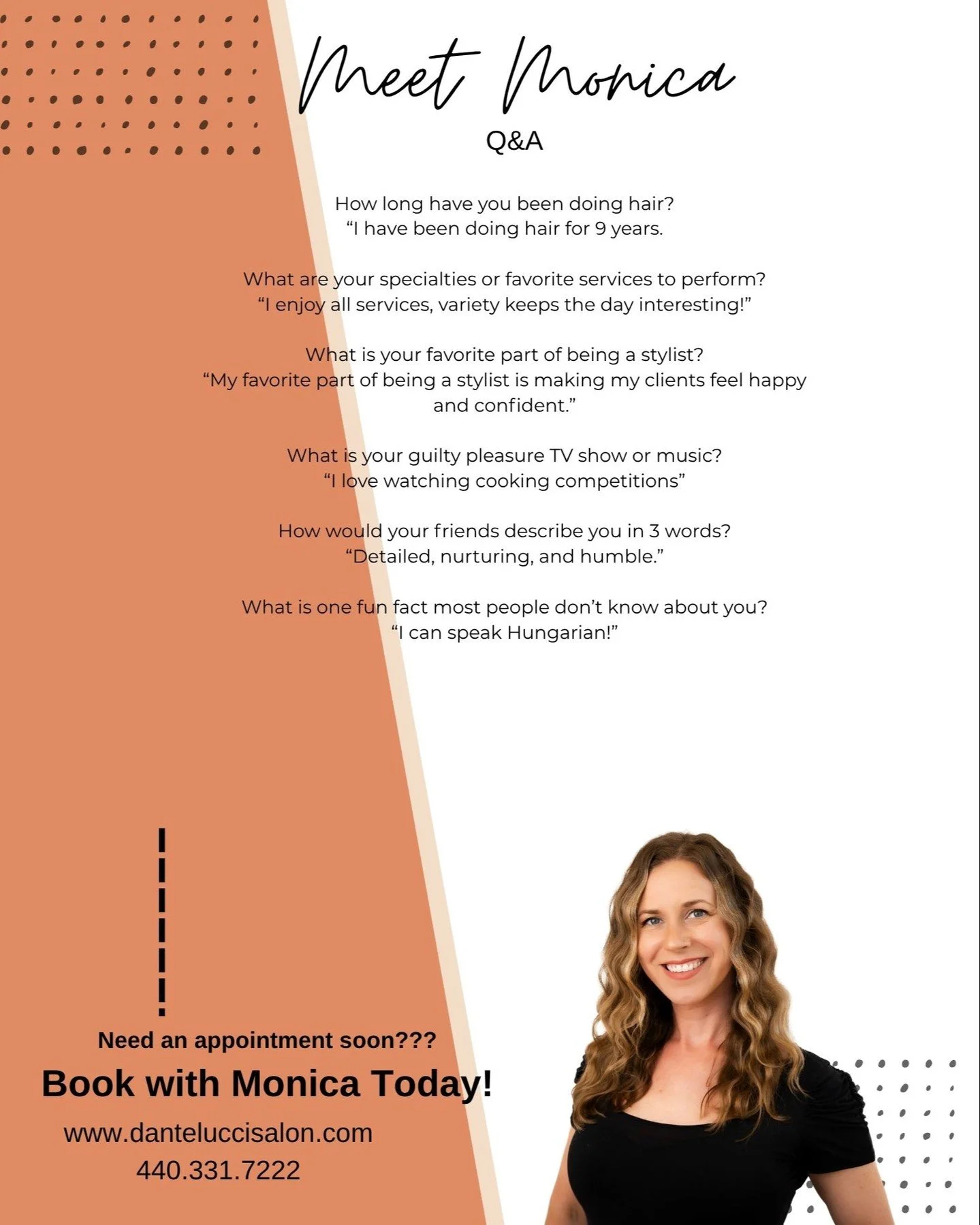 Meet Monica! ✨

Monica has been doing hair for 9 years and loves that no two days are ever the same. She enjoys all services and thrives on variety, but her favorite part of the job is making clients feel happy and confident. 💇&zwj;♀️

Fun fact, Mon