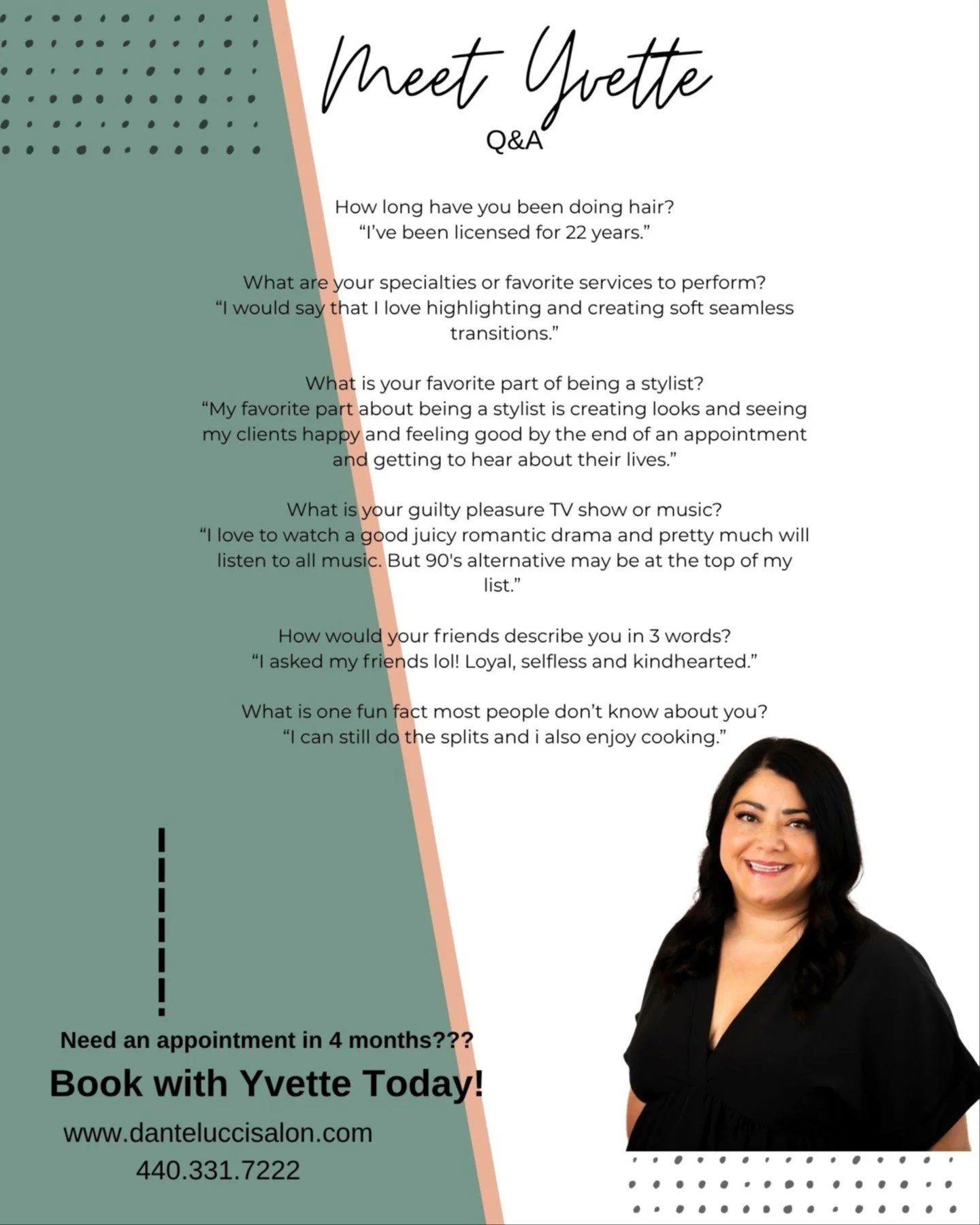 Meet Yvette! ✨

Yvette has been licensed for 22 years and loves highlighting and creating soft, seamless transitions, helping every client leave looking and feeling their best.

Fun fact: She can still do the splits and loves cooking! 🍳

Book with Y