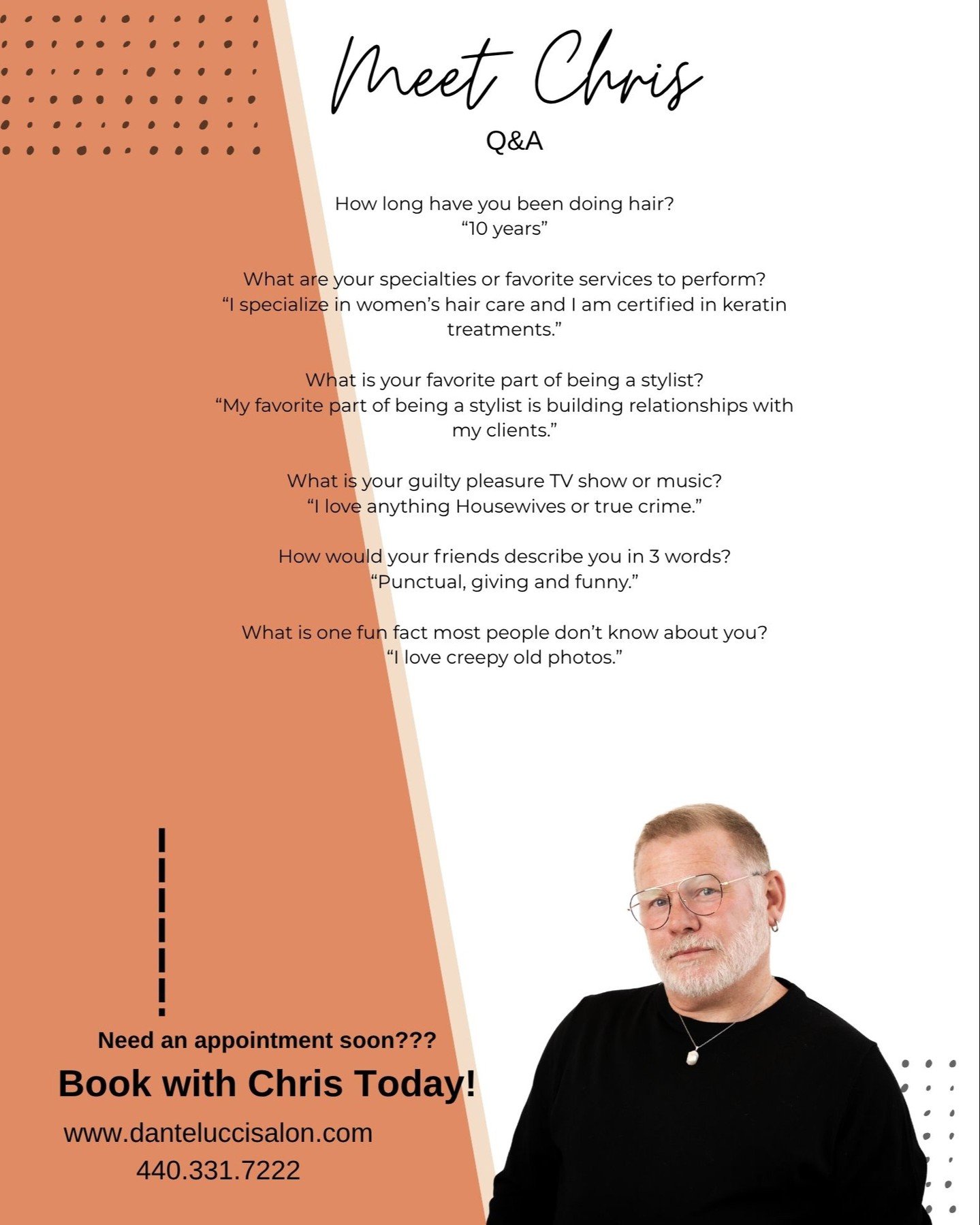 Meet Chris! ✨

Chris has been a stylist for 10 years, specializing in women&rsquo;s hair care and keratin treatments, keeping hair smooth, healthy, and frizz-free.

Fun fact: Loves Real Housewives, true crime, and has a fascination with creepy vintag