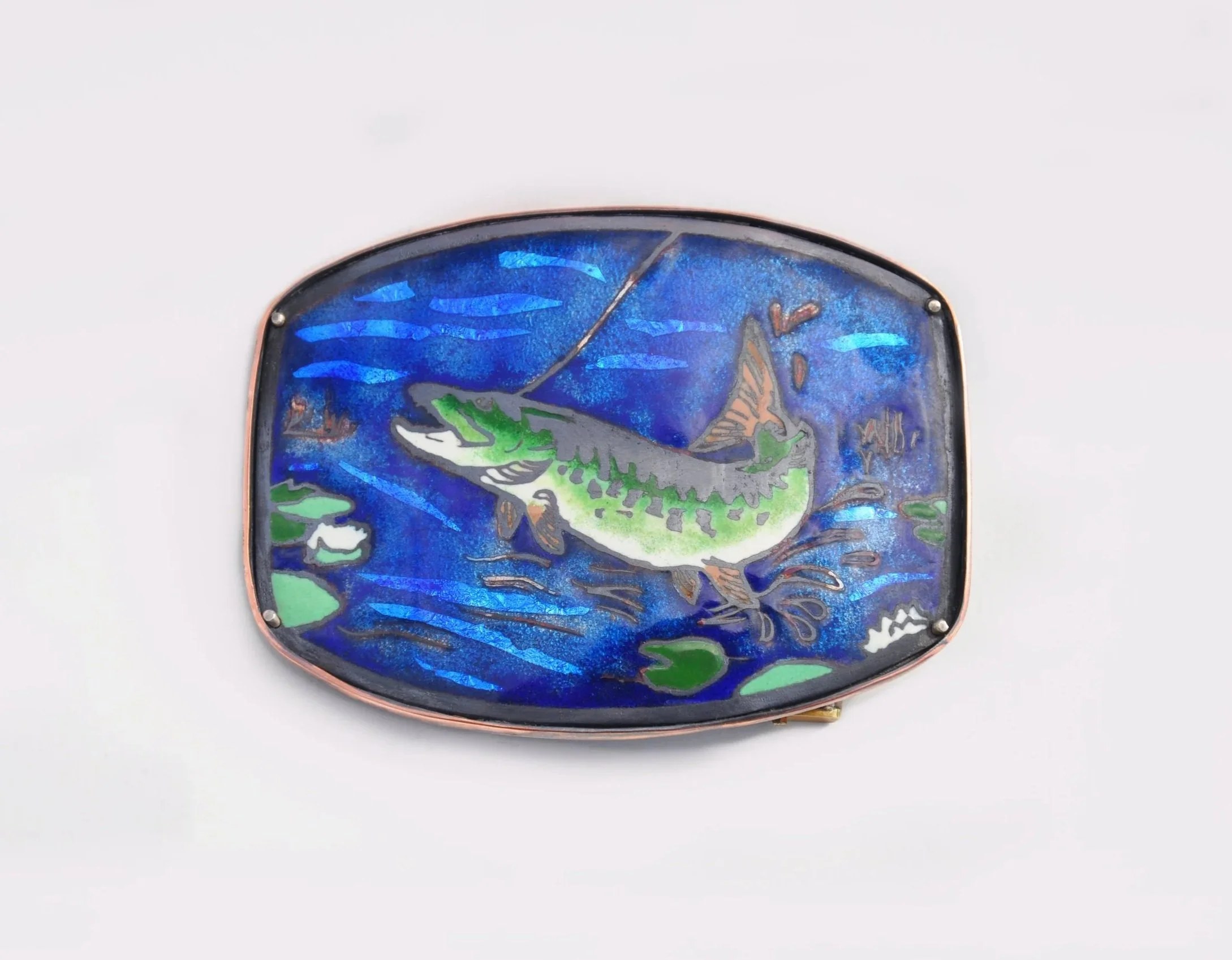Top Water, Champlevé enamel on copper, brass and sterling silver findings. 2026.