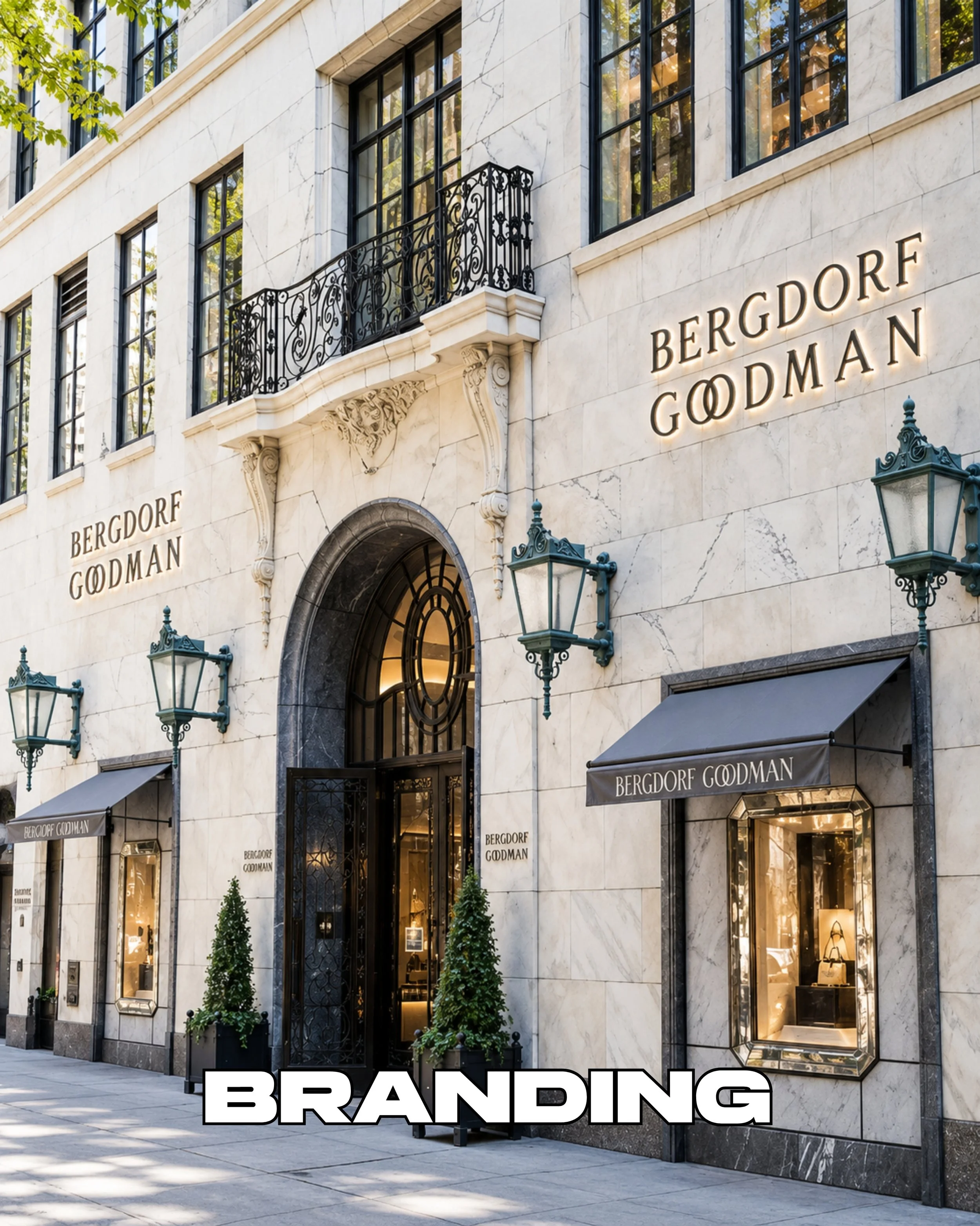 Facade of Bergdorf Goodman department store with signage and decorative elements, including large lettering and an awning over the entrance.