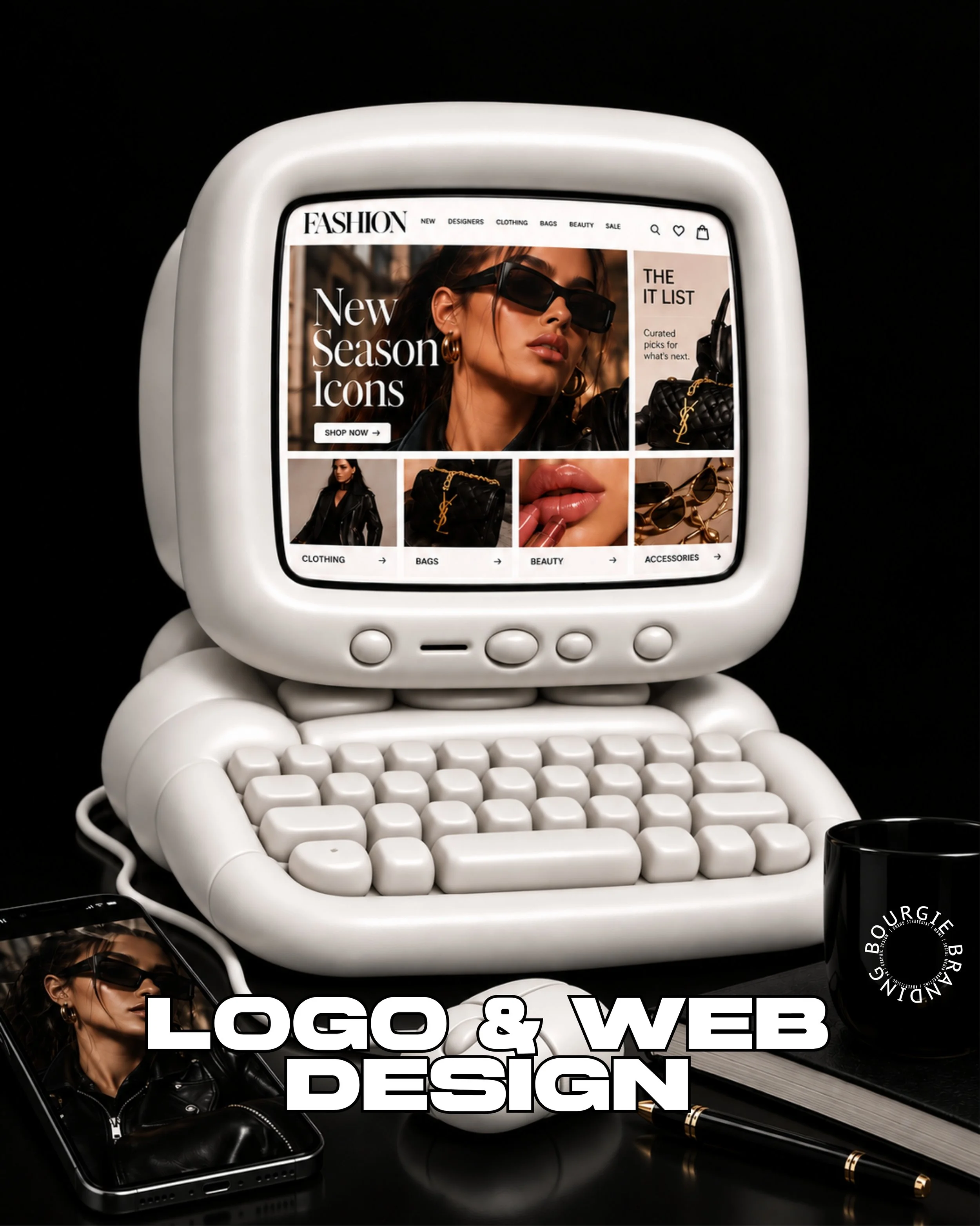Old school blow up of a computer and keyboard "Logo & Web Design" text overlayed in bold white letters.